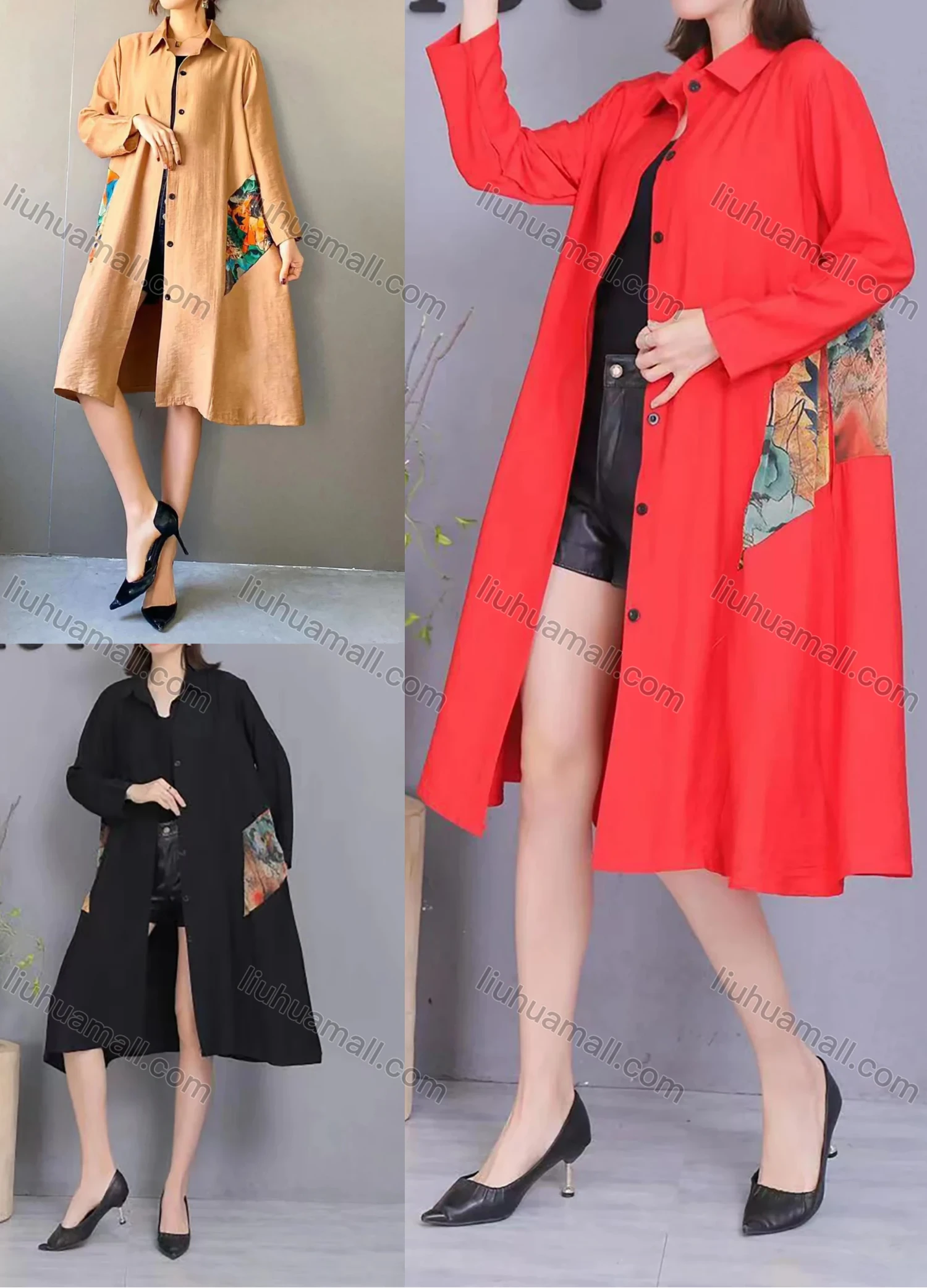 Wholesale Women's Casual Collared Long Sleeve Button Front Vintage Splicing Shirt Dress - Liuhuamall