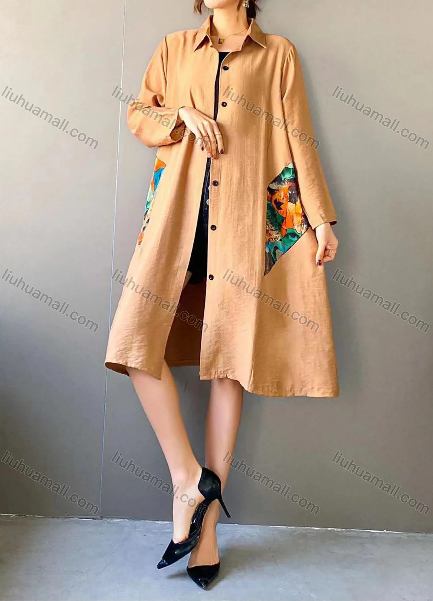 Wholesale Women's Casual Collared Long Sleeve Button Front Vintage Splicing Shirt Dress - Liuhuamall