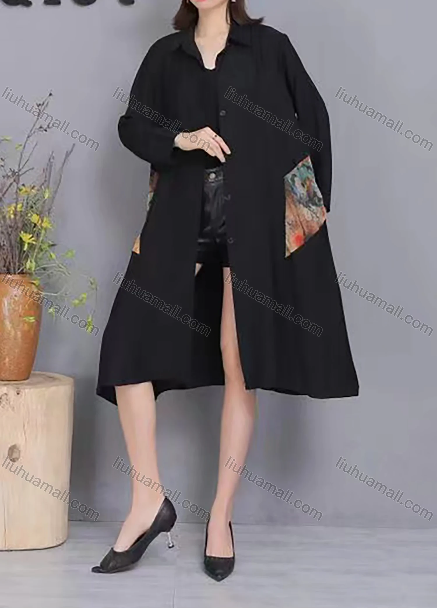 Wholesale Women's Casual Collared Long Sleeve Button Front Vintage Splicing Shirt Dress - Liuhuamall