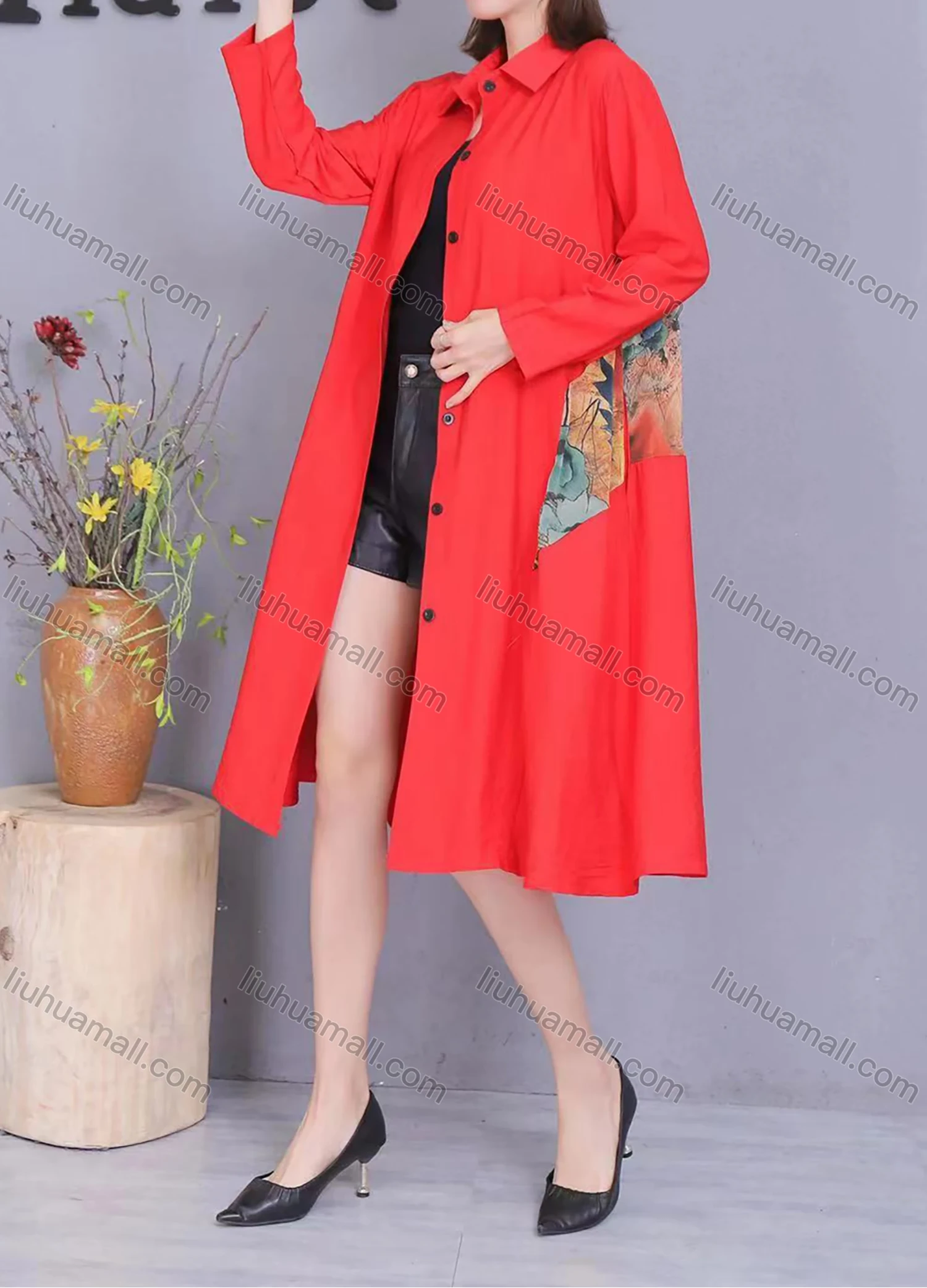 Wholesale Women's Casual Collared Long Sleeve Button Front Vintage Splicing Shirt Dress - Liuhuamall
