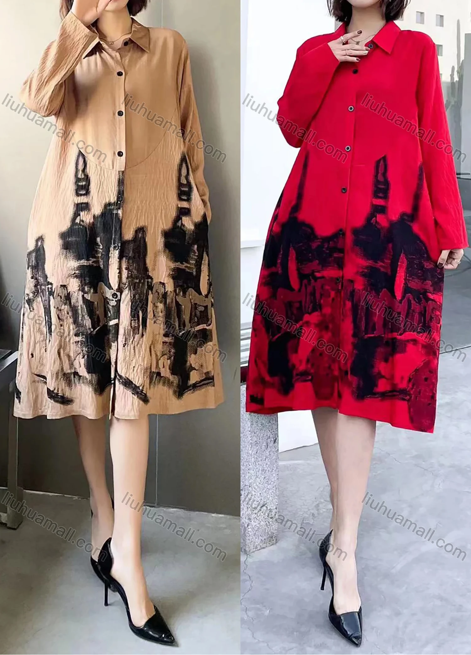 Wholesale Women's Linen Casual Collared Long Sleeve Splicing Button Front Abstract Print Shirt Dress - Liuhuamall