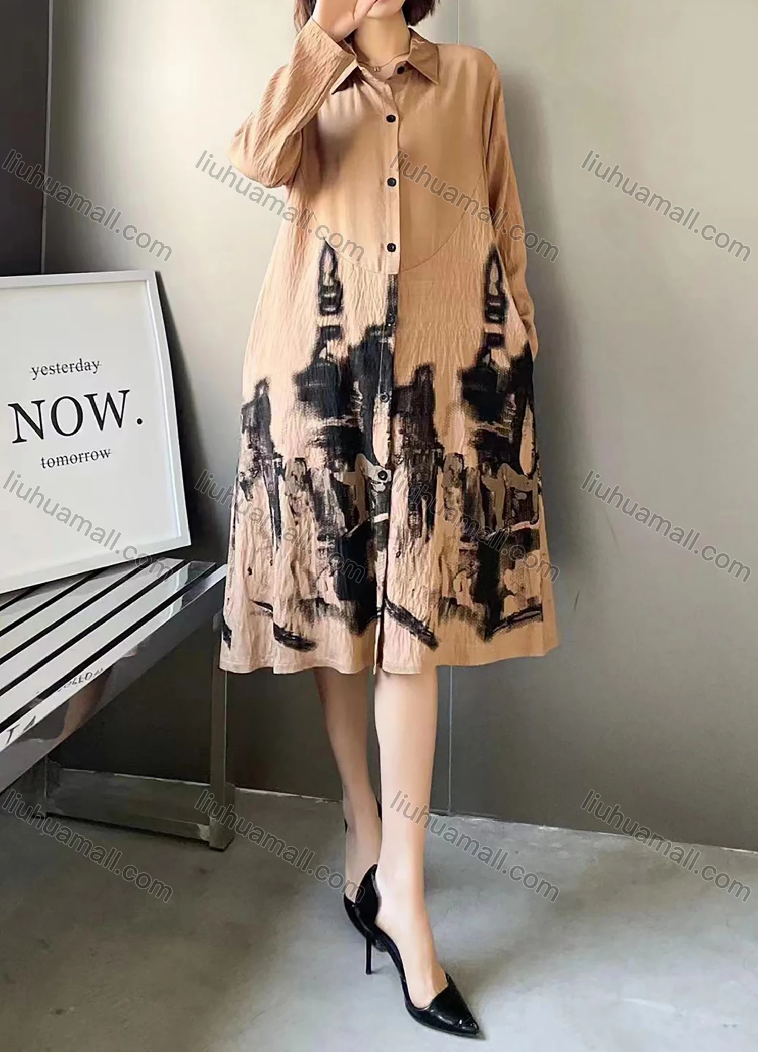 Wholesale Women's Linen Casual Collared Long Sleeve Splicing Button Front Abstract Print Shirt Dress - Liuhuamall