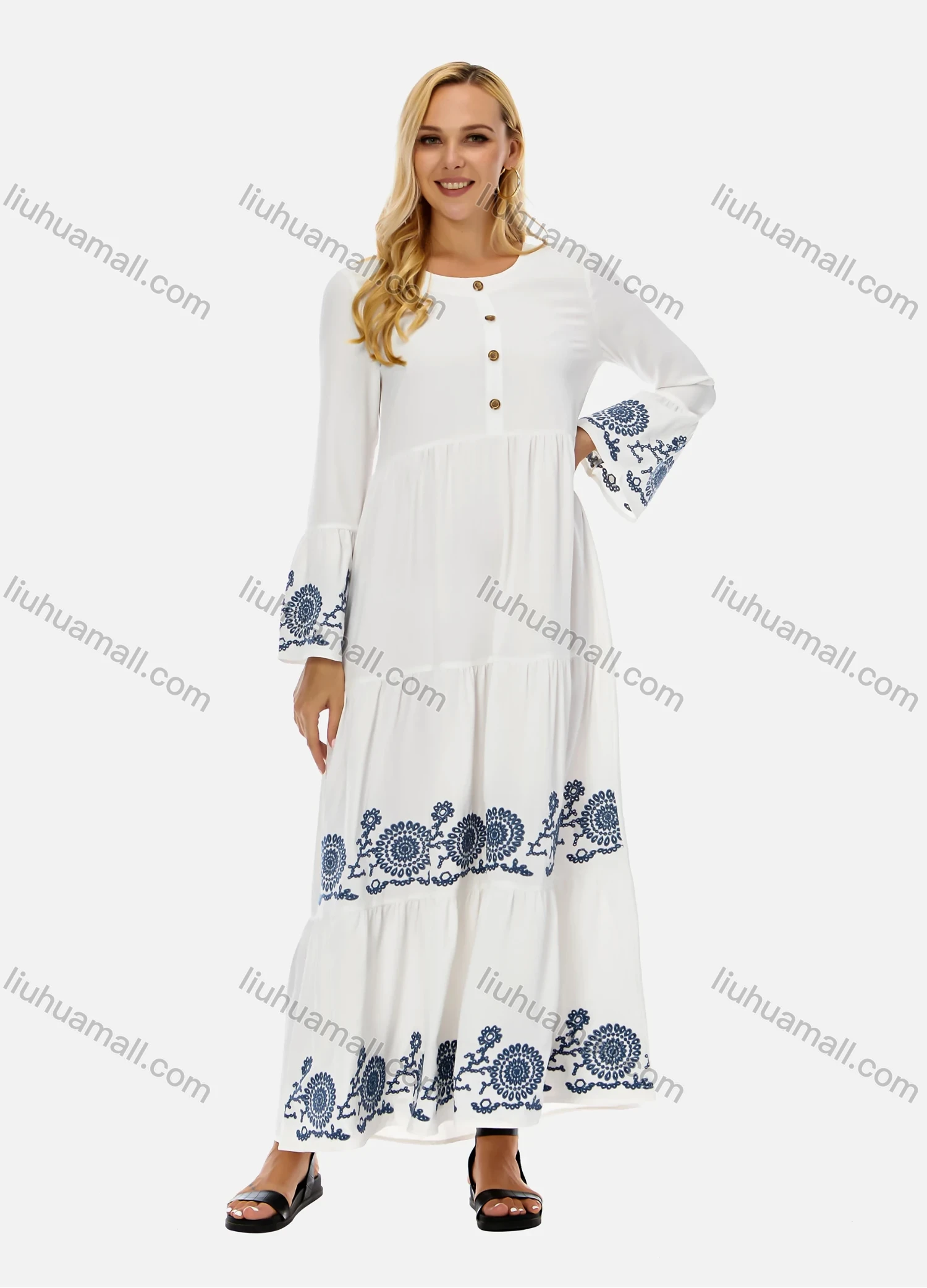 Wholesale Women's Casual Vintage Round-Neck Button Front Trumpet Sleeve Embroidery Maxi Dress - Liuhuamall