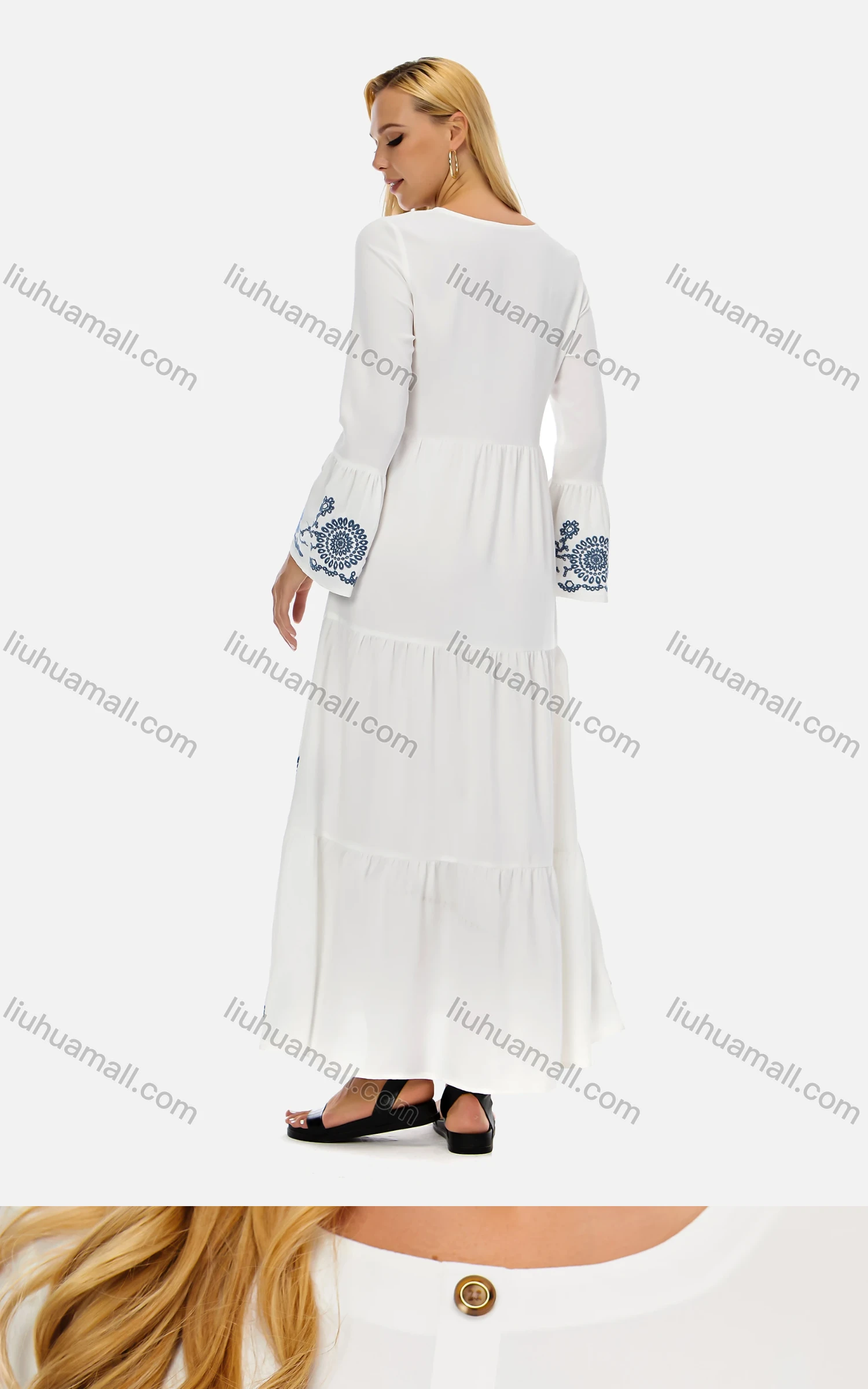 Wholesale Women's Casual Vintage Round-Neck Button Front Trumpet Sleeve Embroidery Maxi Dress - Liuhuamall