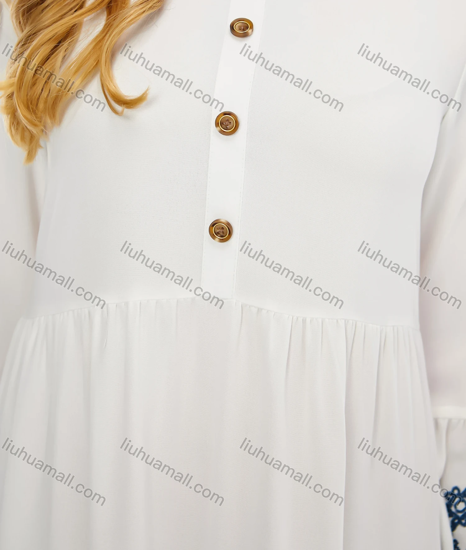 Wholesale Women's Casual Vintage Round-Neck Button Front Trumpet Sleeve Embroidery Maxi Dress - Liuhuamall