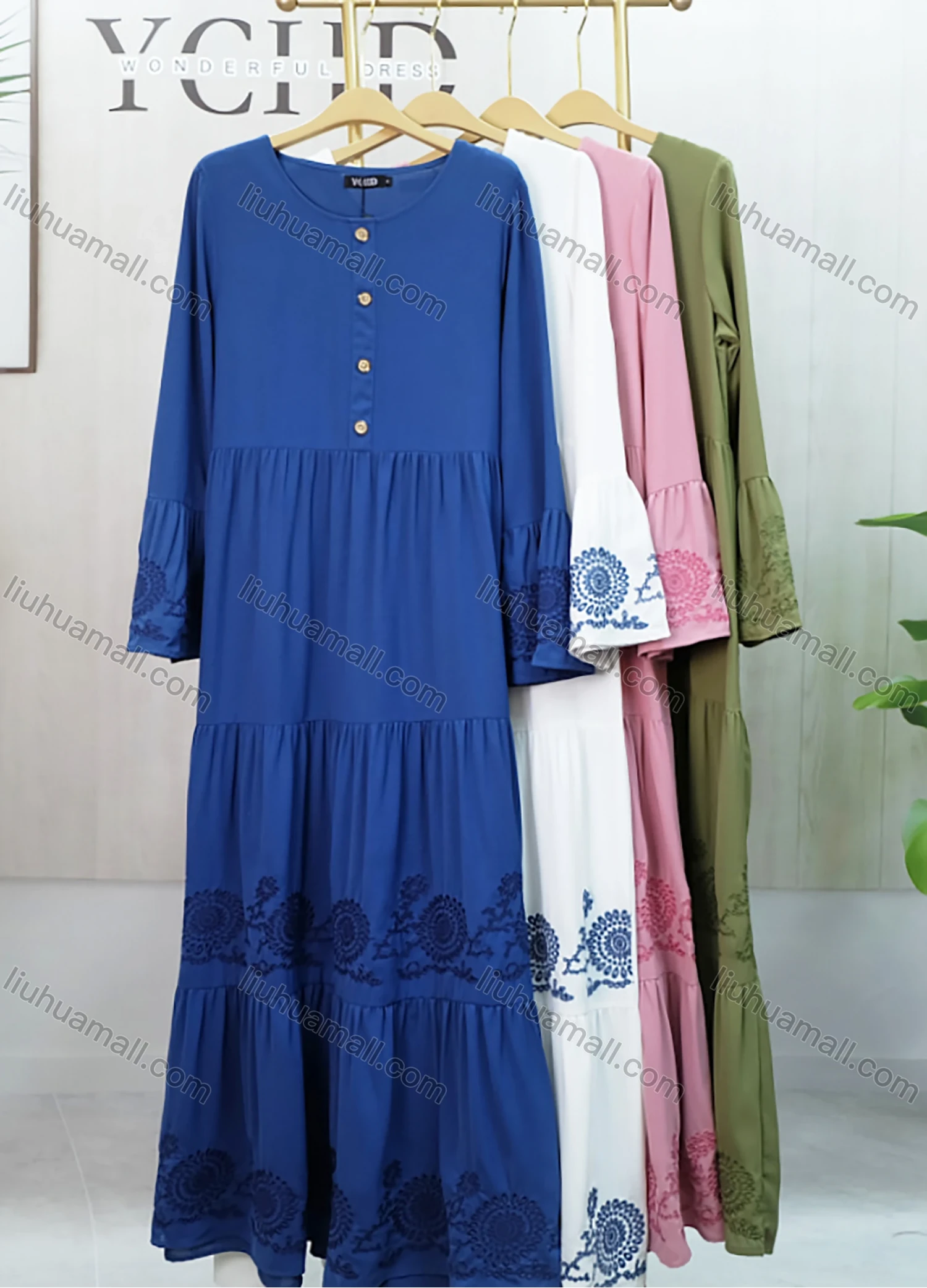 Wholesale Women's Casual Vintage Round-Neck Button Front Trumpet Sleeve Embroidery Maxi Dress - Liuhuamall