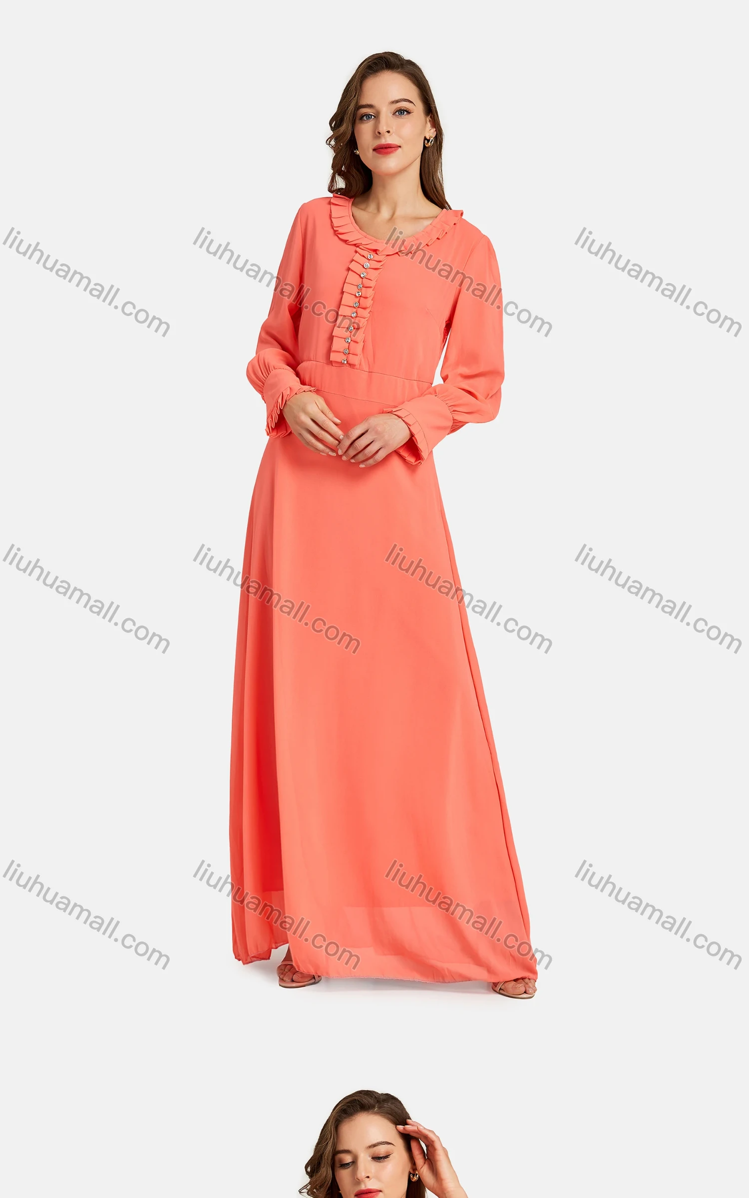 Wholesale Women's Elegant Frill Neck Rhinestone Plain Maxi Dress - Liuhuamall