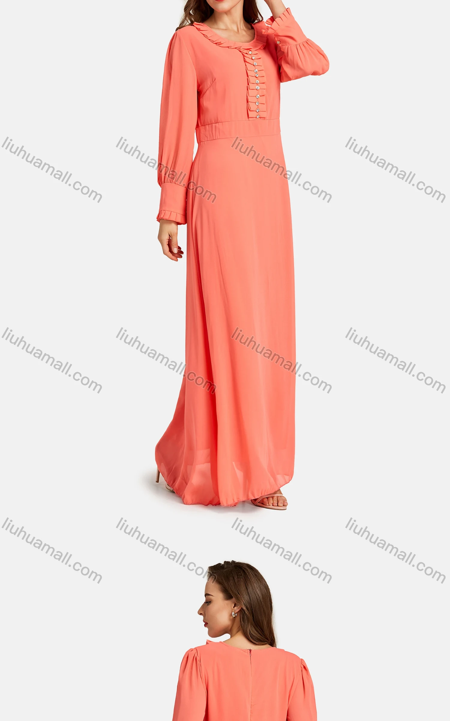 Wholesale Women's Elegant Frill Neck Rhinestone Plain Maxi Dress - Liuhuamall