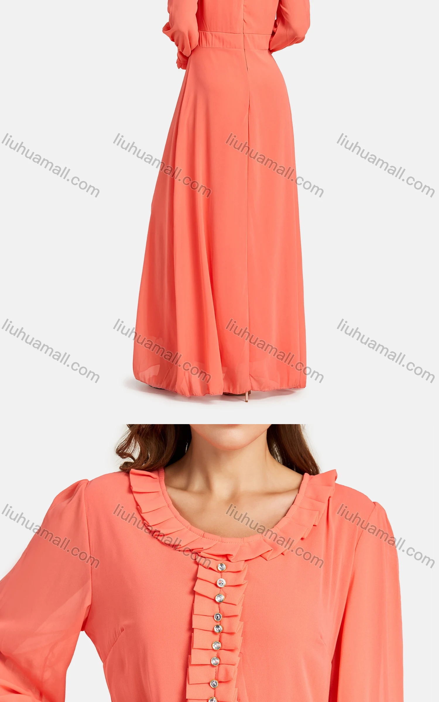 Wholesale Women's Elegant Frill Neck Rhinestone Plain Maxi Dress - Liuhuamall