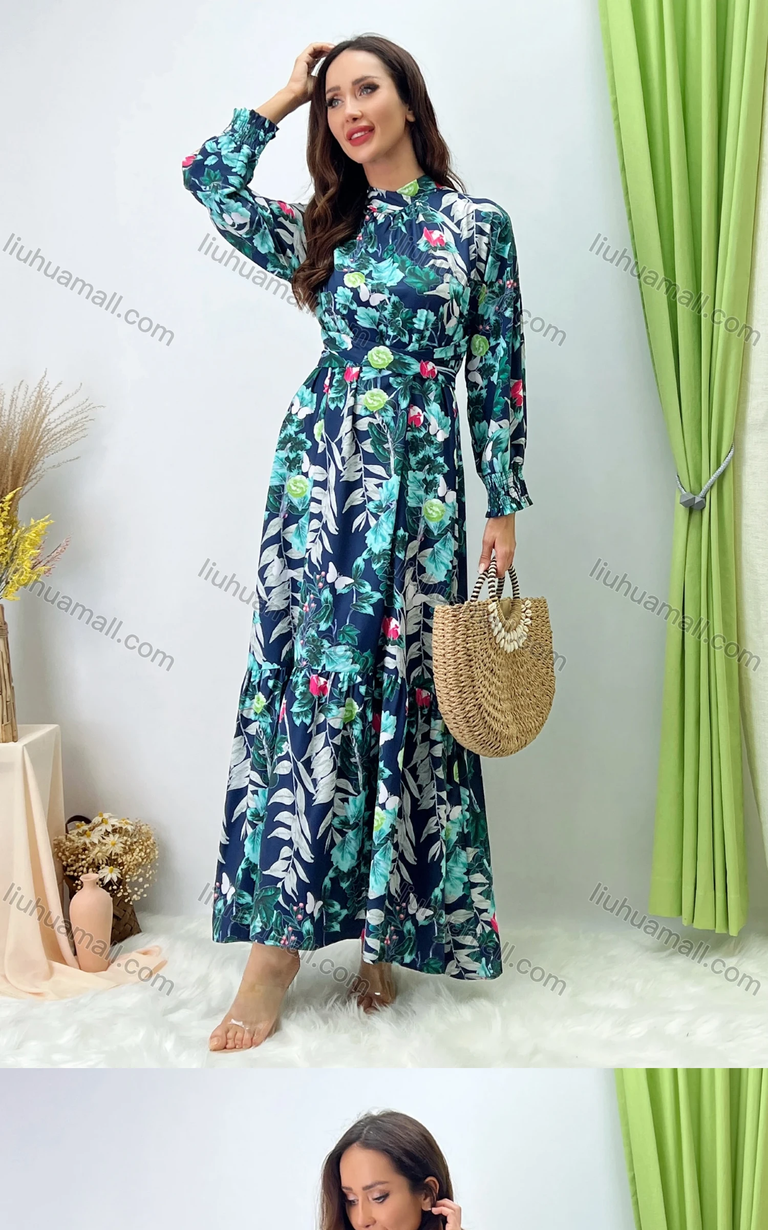 Wholesale Women's Elegant Mock Neck Bishop Sleeve Allover Floral Print Baroque Maxi Dress With Belt - Liuhuamall