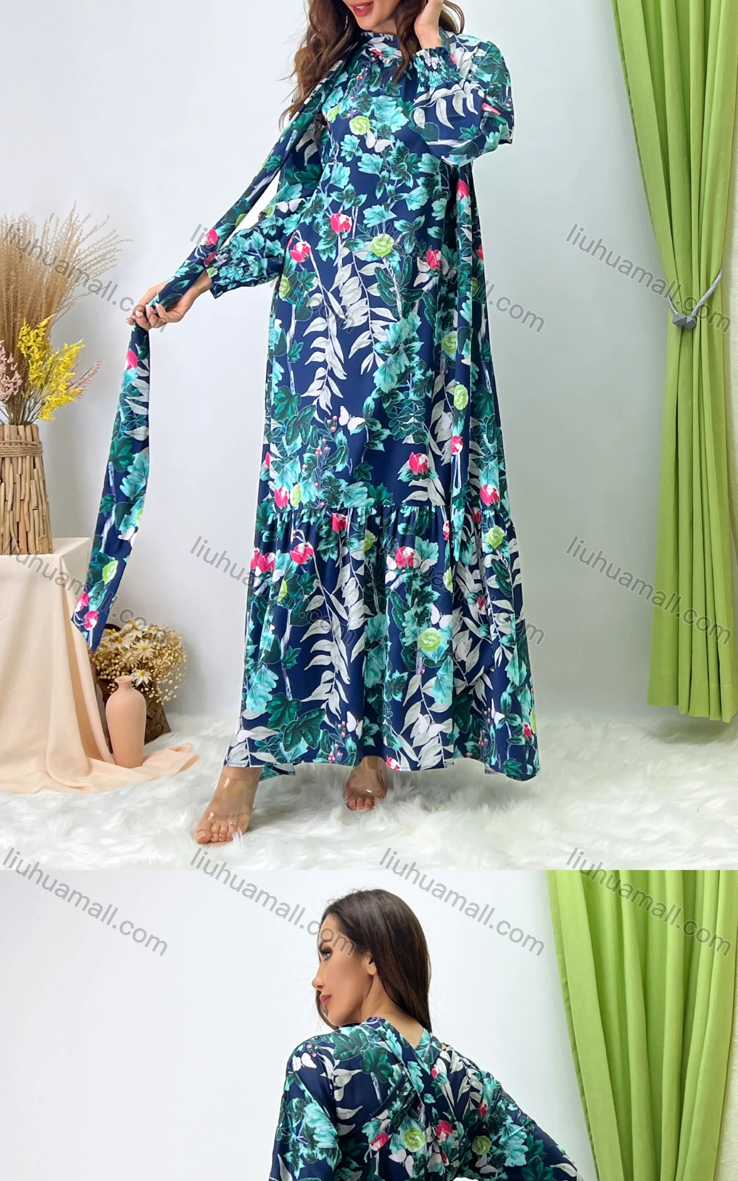 Wholesale Women's Elegant Mock Neck Bishop Sleeve Allover Floral Print Baroque Maxi Dress With Belt - Liuhuamall