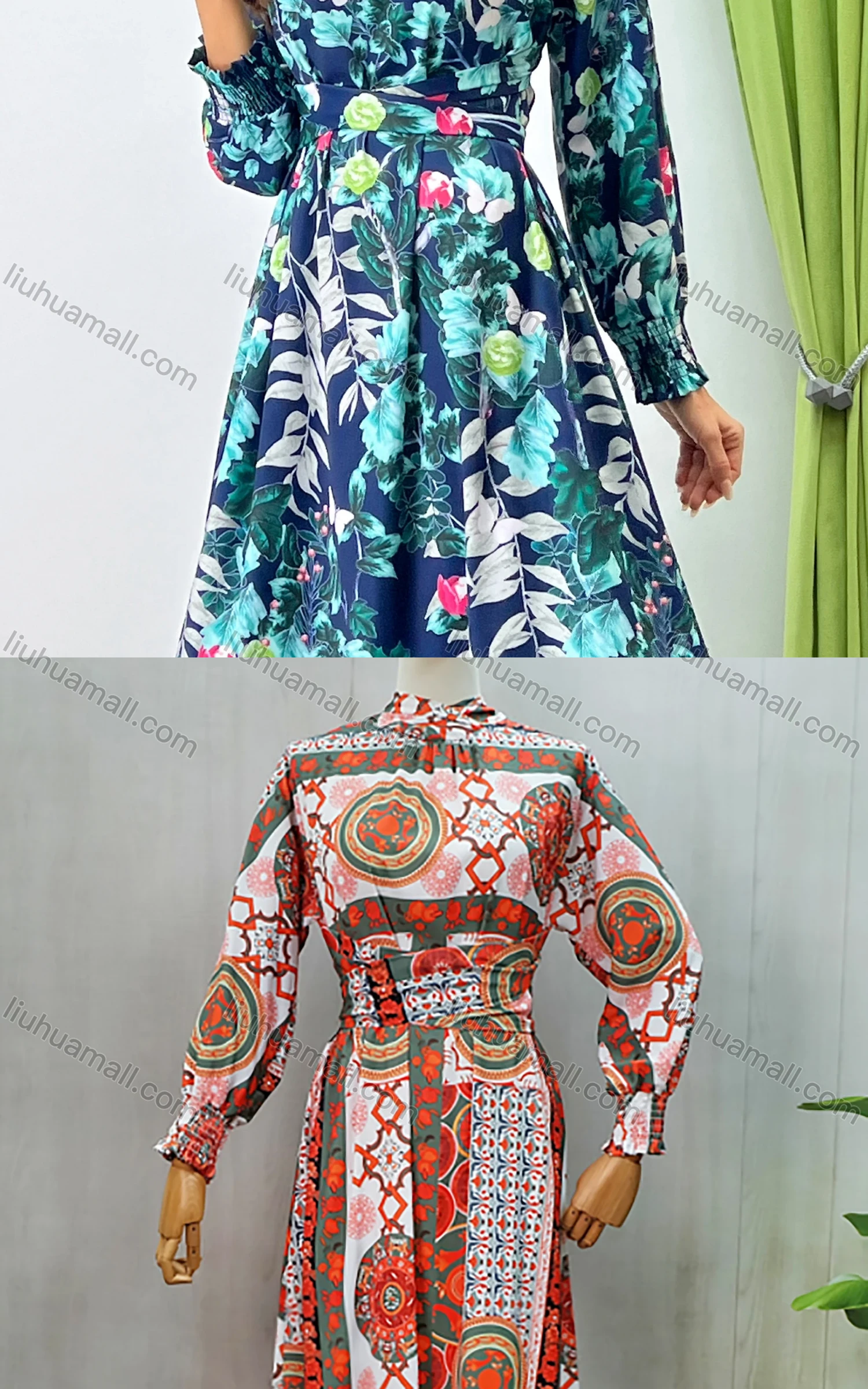 Wholesale Women's Elegant Mock Neck Bishop Sleeve Allover Floral Print Baroque Maxi Dress With Belt - Liuhuamall