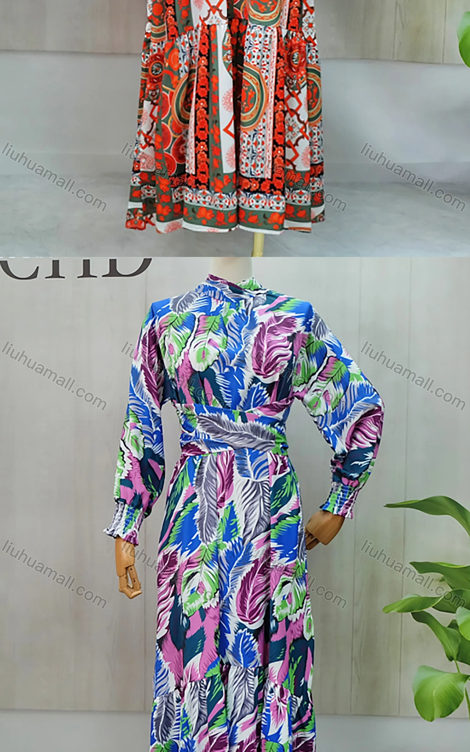 Wholesale Women's Elegant Mock Neck Bishop Sleeve Allover Floral Print Baroque Maxi Dress With Belt - Liuhuamall