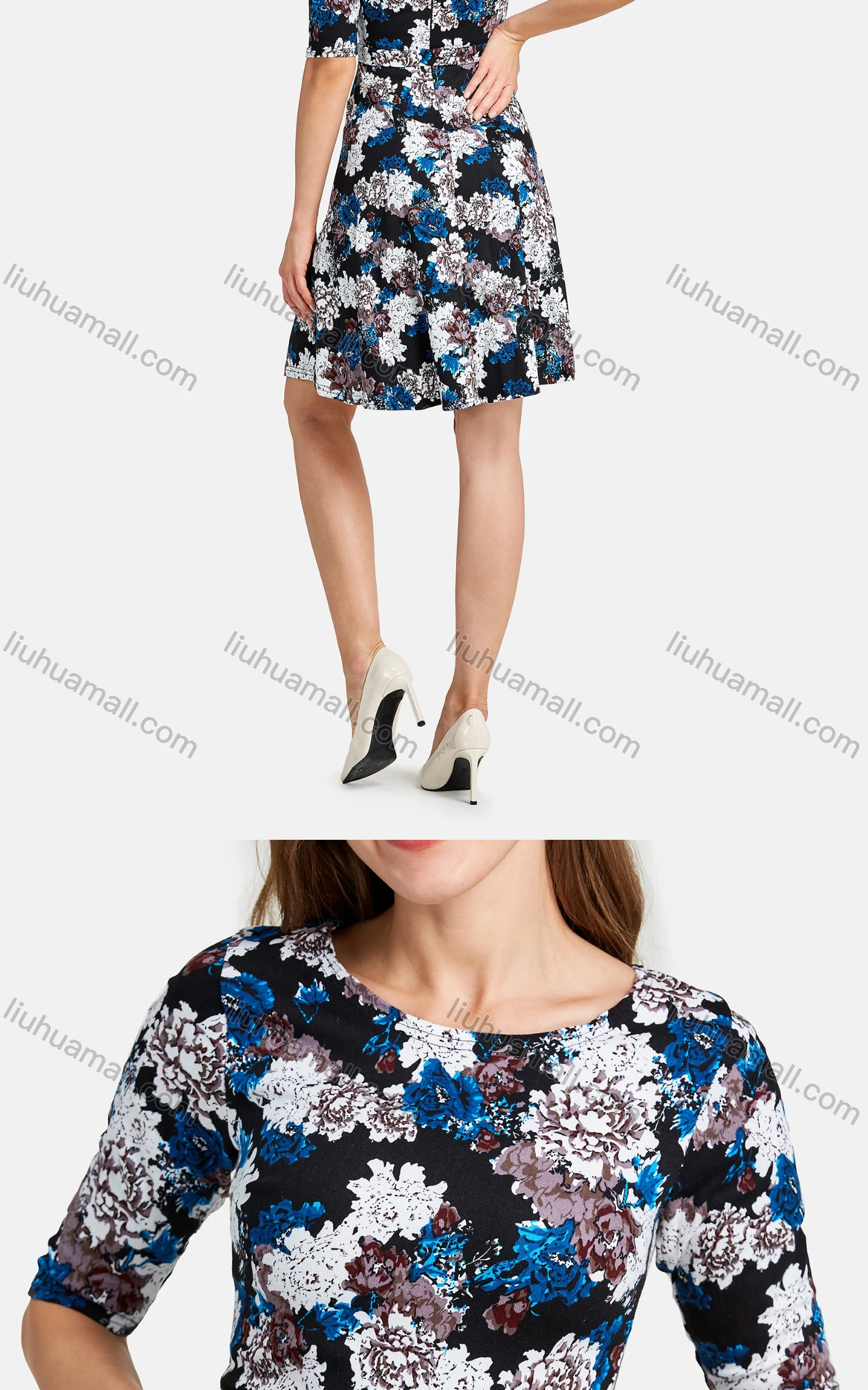 Wholesale Women's Casual Round Neck Lace Up Floral Print Short Dress - Liuhuamall