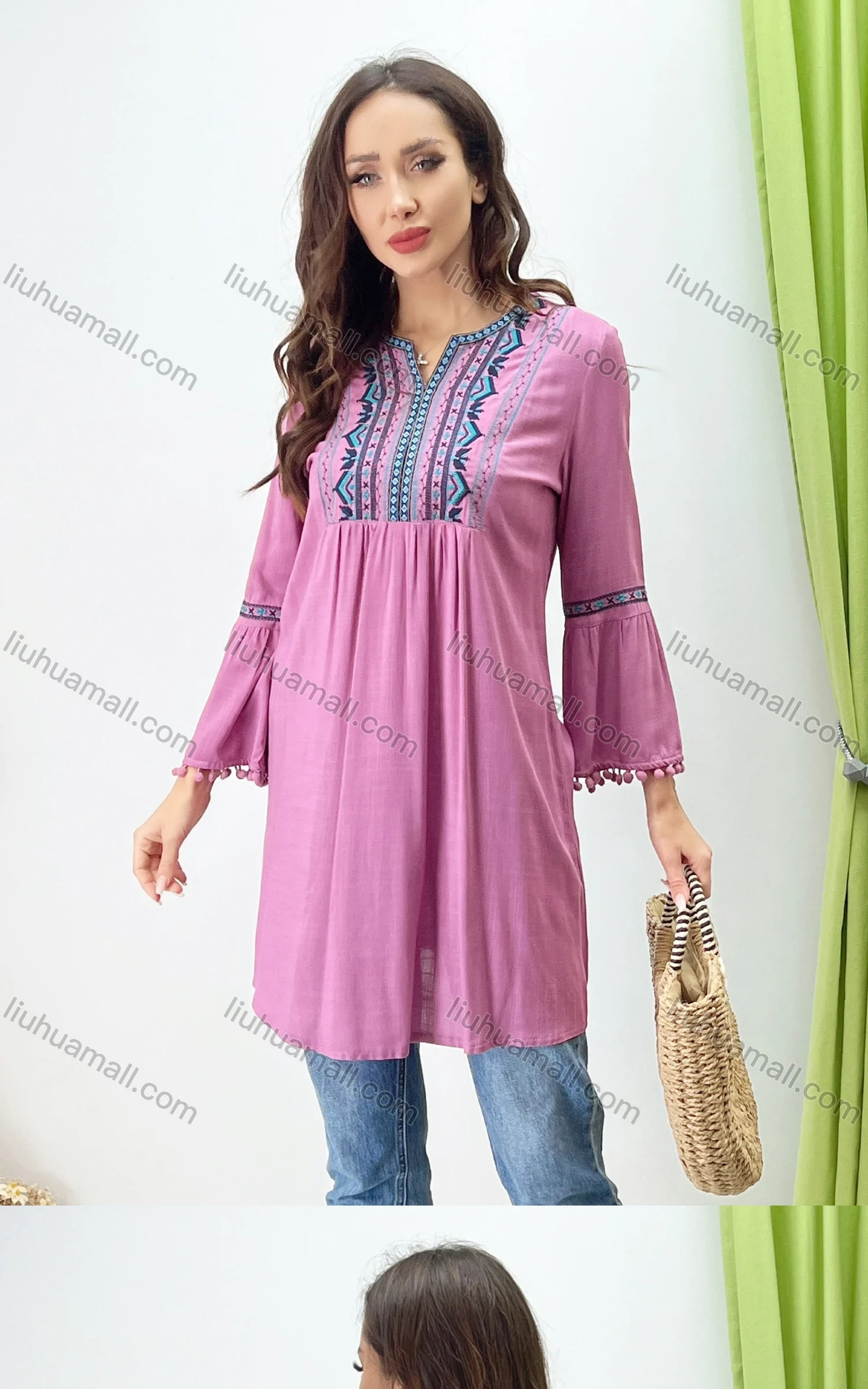 Wholesale Women's Elegant Notched Neck Bloues Pompom Trumpet Sleeve Embroidery Tunic 073# - Liuhuamall