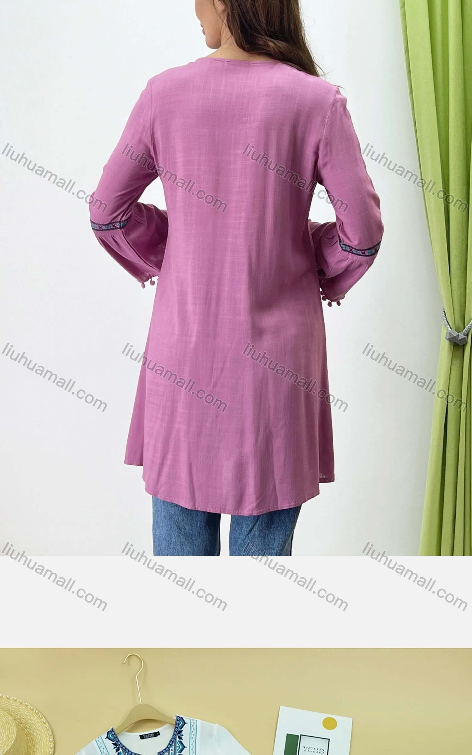 Wholesale Women's Elegant Notched Neck Bloues Pompom Trumpet Sleeve Embroidery Tunic 073# - Liuhuamall