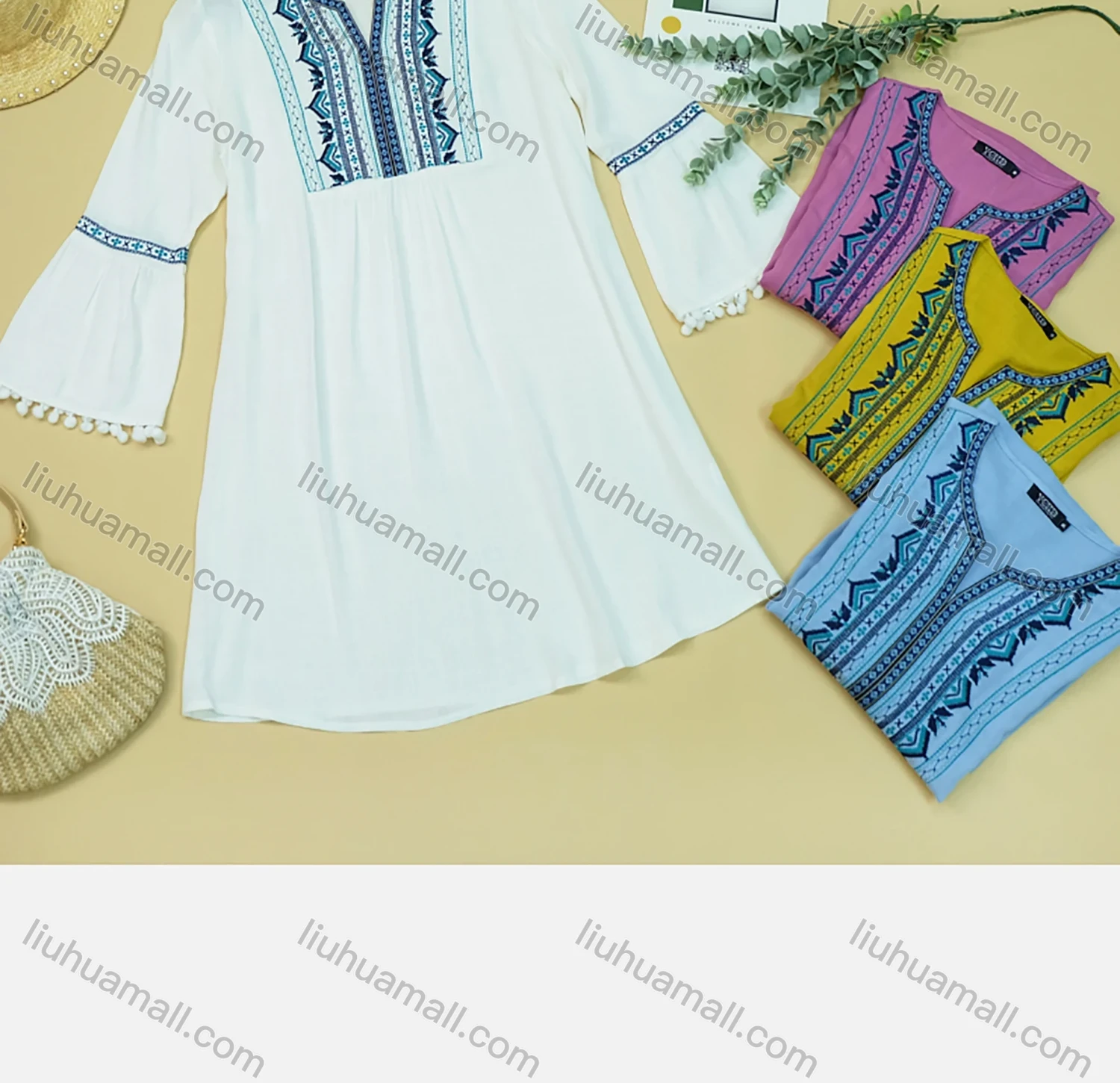 Wholesale Women's Elegant Notched Neck Bloues Pompom Trumpet Sleeve Embroidery Tunic 073# - Liuhuamall