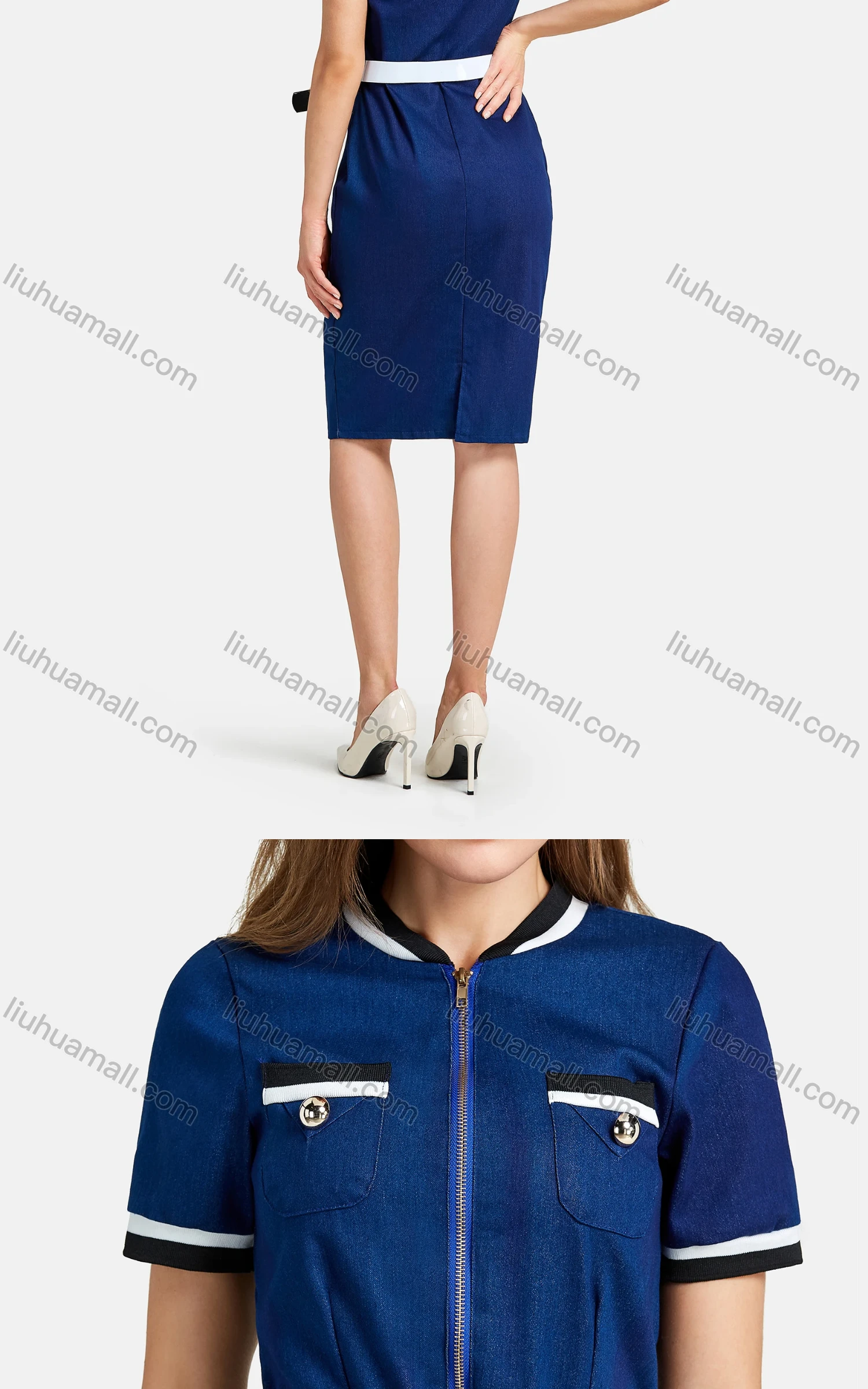 Wholesale Women's Zipper Dual Pockets Button Front Leather Belt Denim Dress 0497# - Liuhuamall