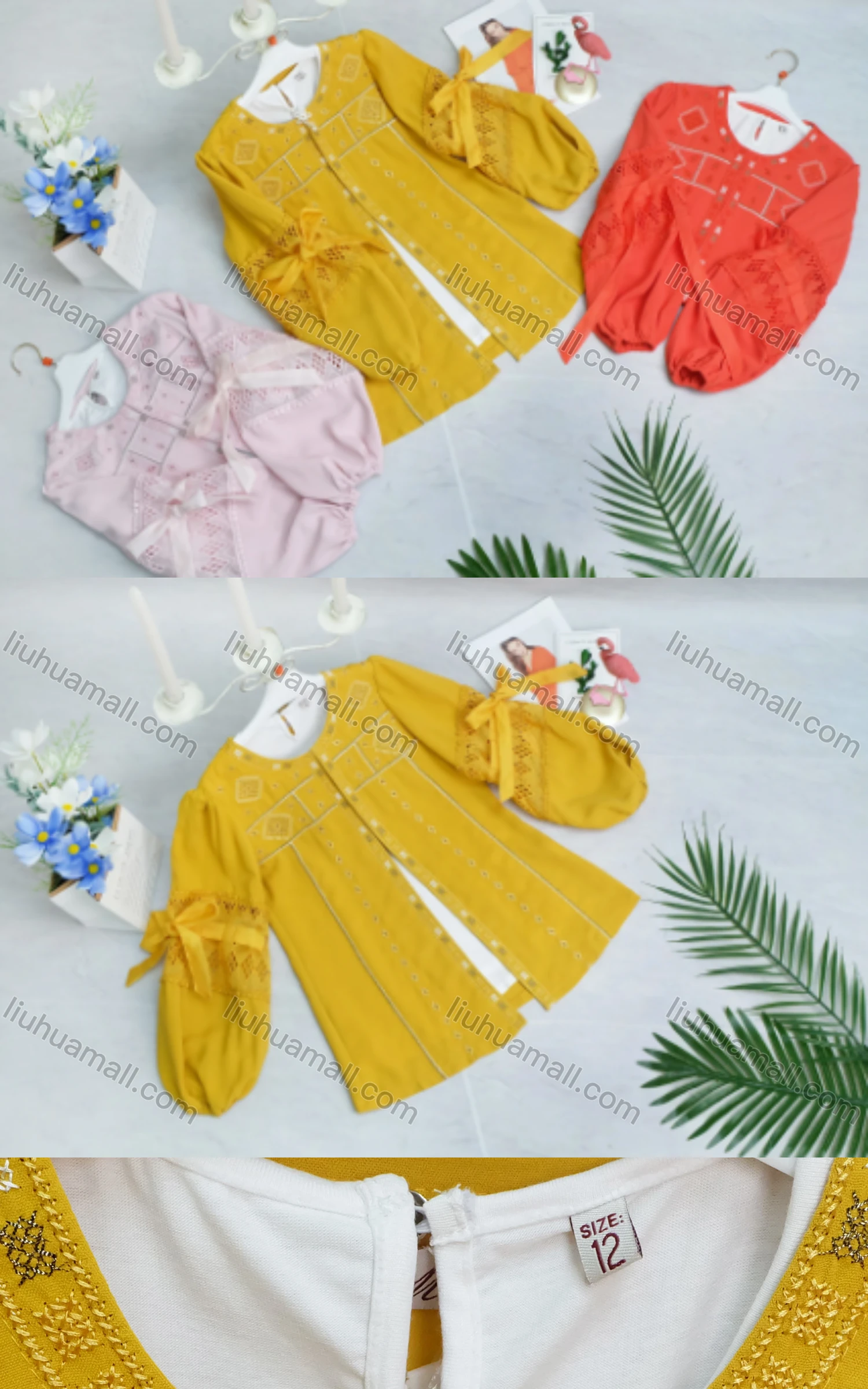 Wholesale Girl's Casual Round-Neck Bowknot Peasant Sleeve Cutout Embroidery Top - Liuhuamall