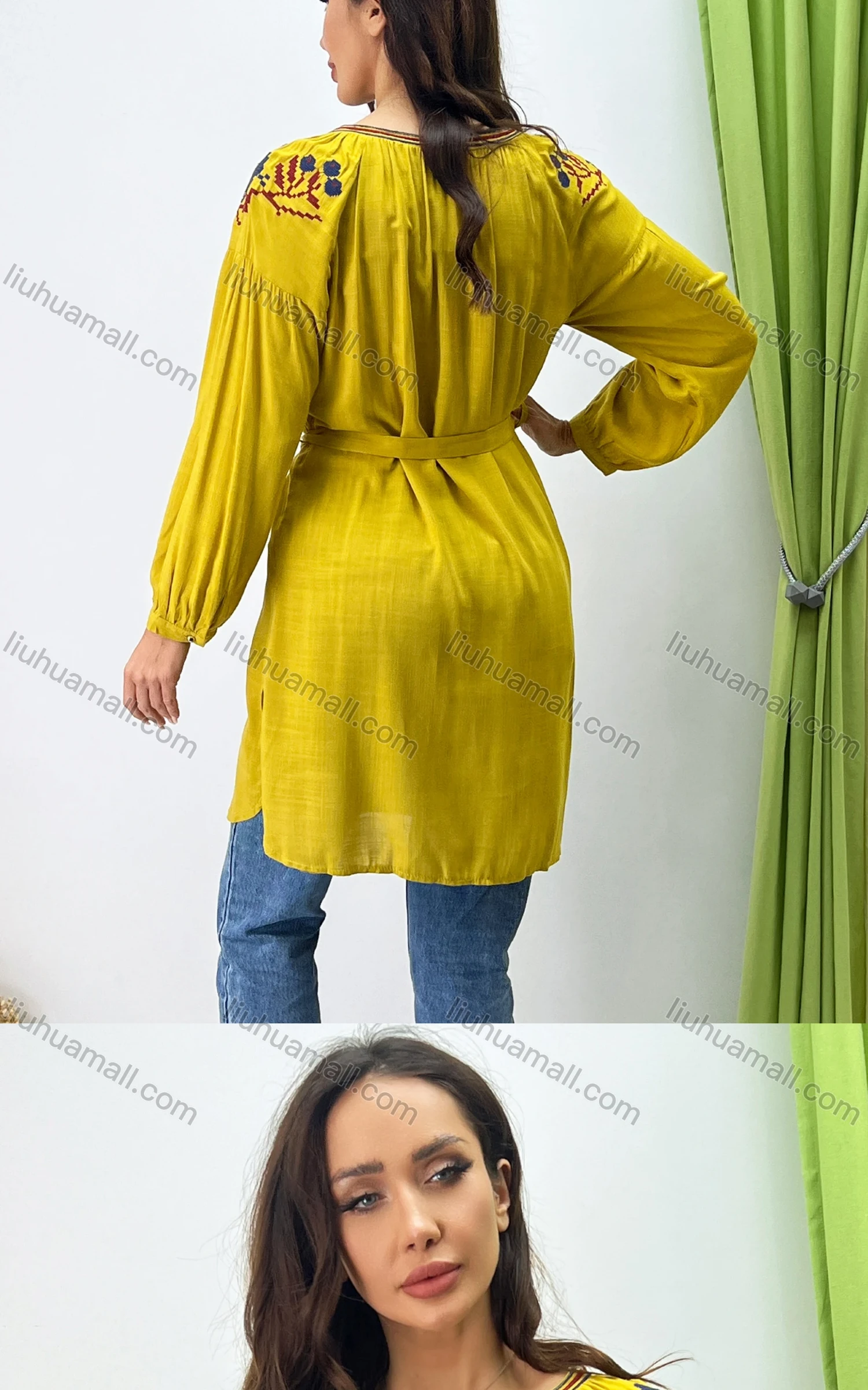 Wholesale Women's Casual Lace Up Keyhole Neck Shirt Sleeves Floral Print Short Dress 008# - Liuhuamall