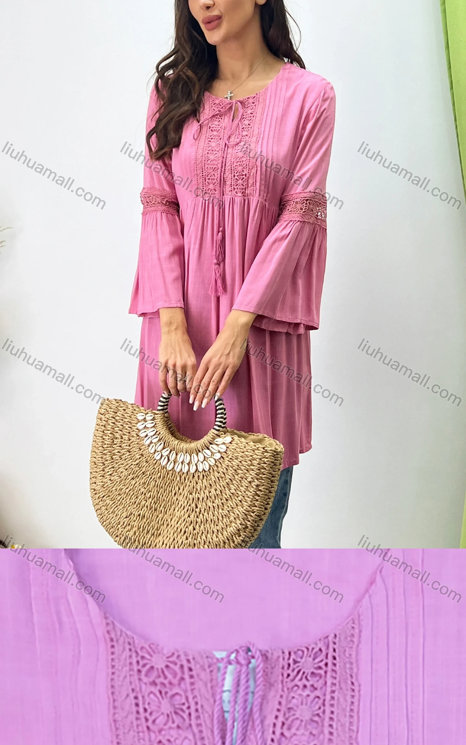 Wholesale Women's Casual Lace Up Crew Neck Blouse Trumpet Sleeve Cutout Plain Tunic 007# - Liuhuamall