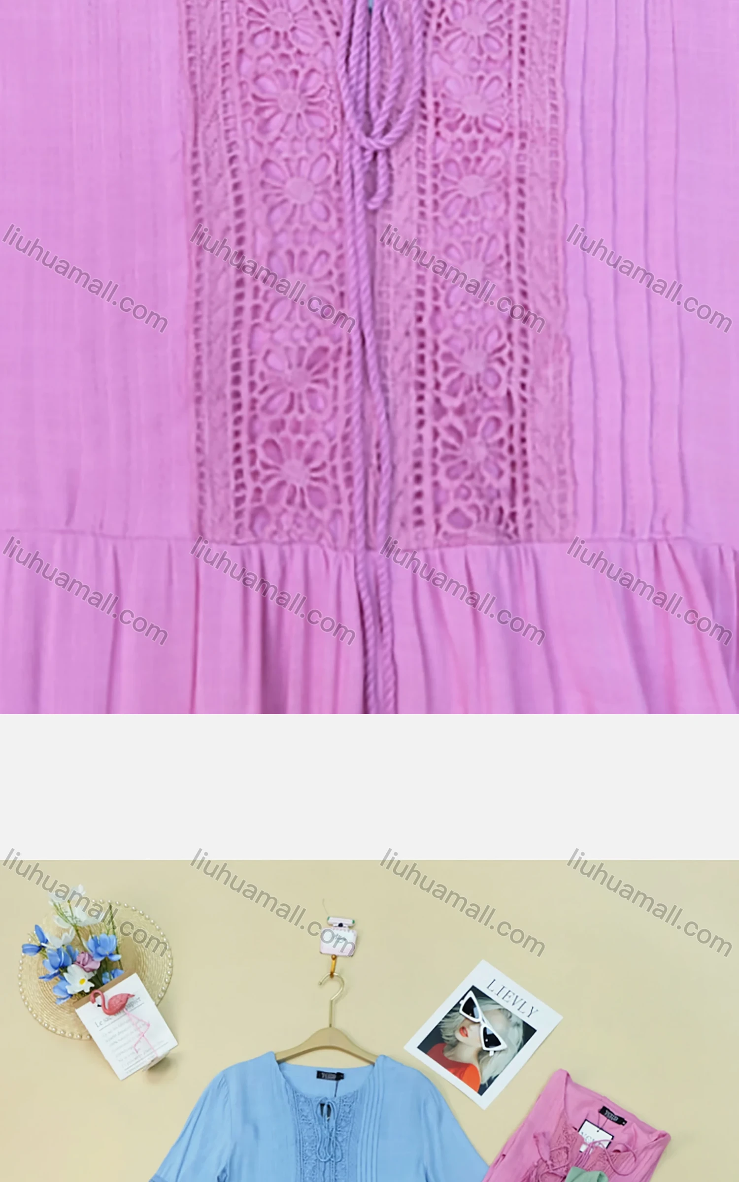 Wholesale Women's Casual Lace Up Crew Neck Blouse Trumpet Sleeve Cutout Plain Tunic 007# - Liuhuamall