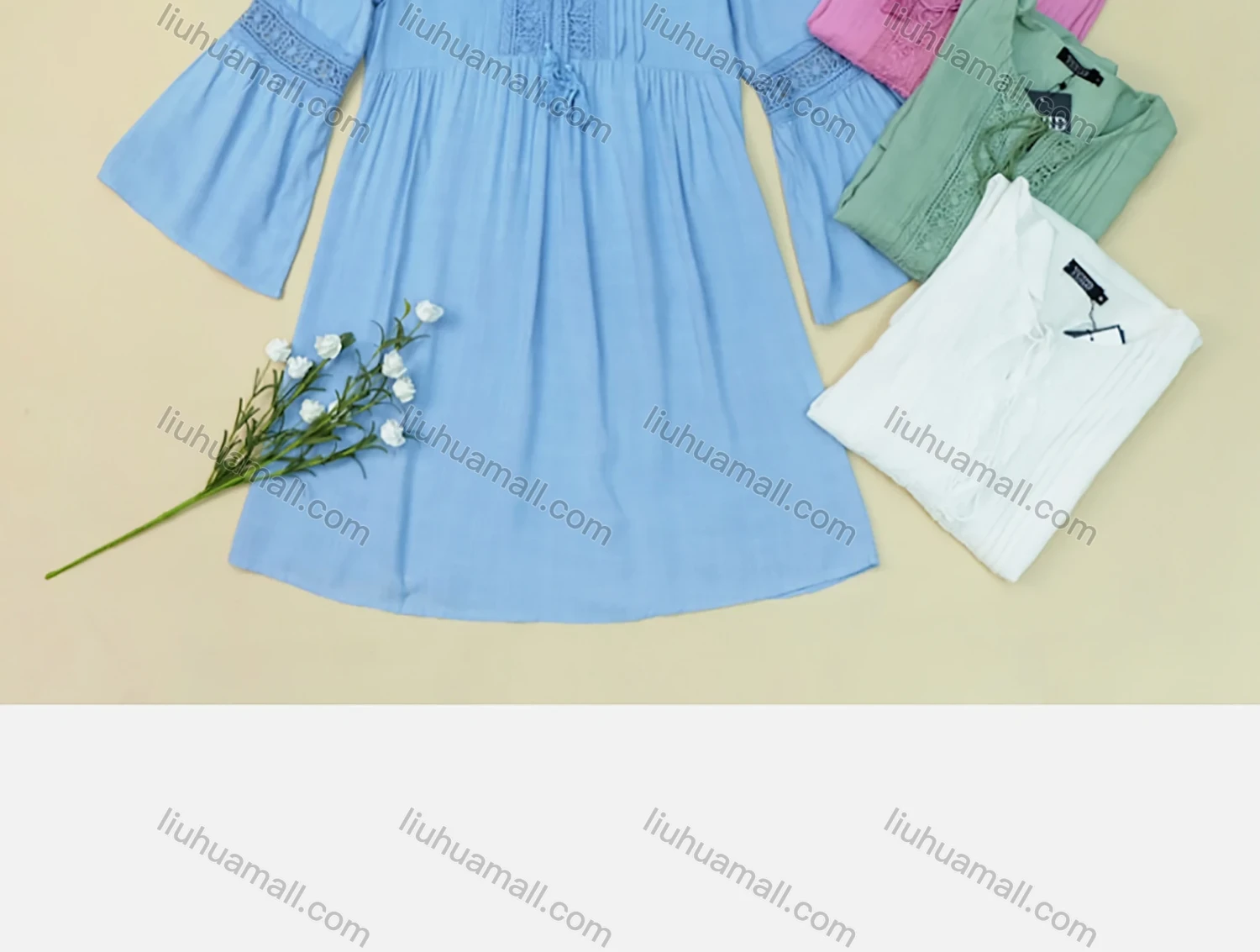 Wholesale Women's Casual Lace Up Crew Neck Blouse Trumpet Sleeve Cutout Plain Tunic 007# - Liuhuamall