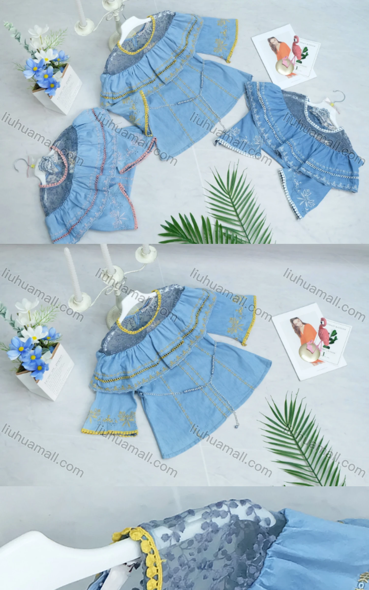 Wholesale Girl's Denim Round Neck Embroidery Bell Sleeves Mesh Floral Print Cutout Top With Belt - Liuhuamall