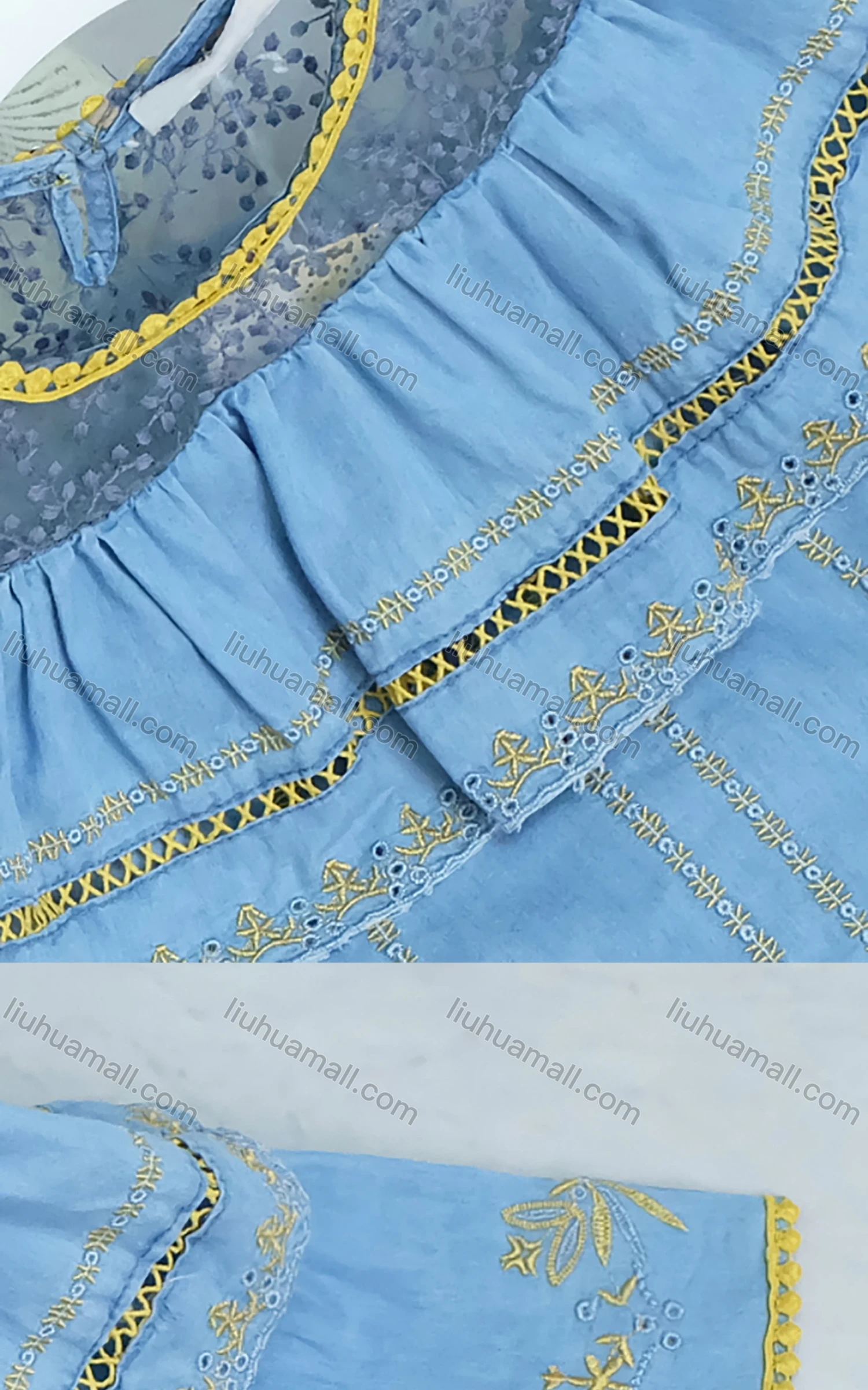 Wholesale Girl's Denim Round Neck Embroidery Bell Sleeves Mesh Floral Print Cutout Top With Belt - Liuhuamall