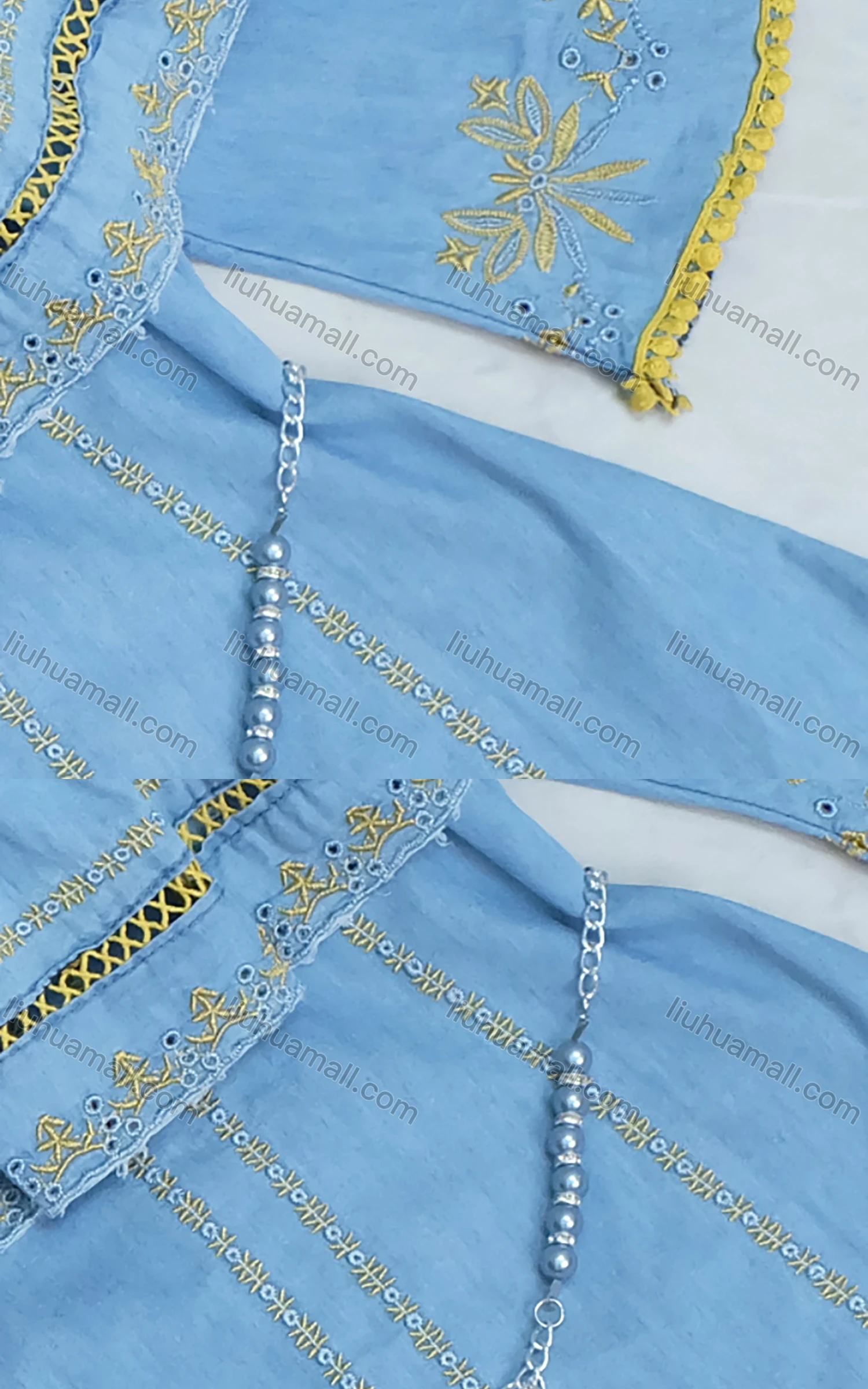 Wholesale Girl's Denim Round Neck Embroidery Bell Sleeves Mesh Floral Print Cutout Top With Belt - Liuhuamall