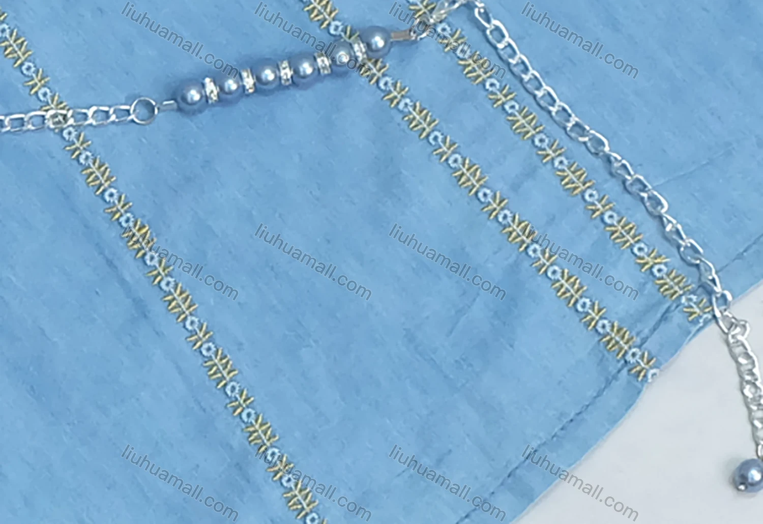 Wholesale Girl's Denim Round Neck Embroidery Bell Sleeves Mesh Floral Print Cutout Top With Belt - Liuhuamall