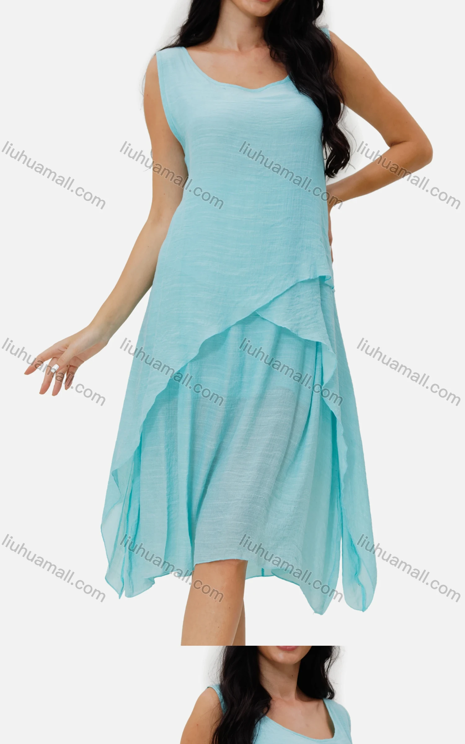 Wholesale Women's Casual Sweetheart Neck Tiered Pain A-Line Knee Length Dress - Liuhuamall