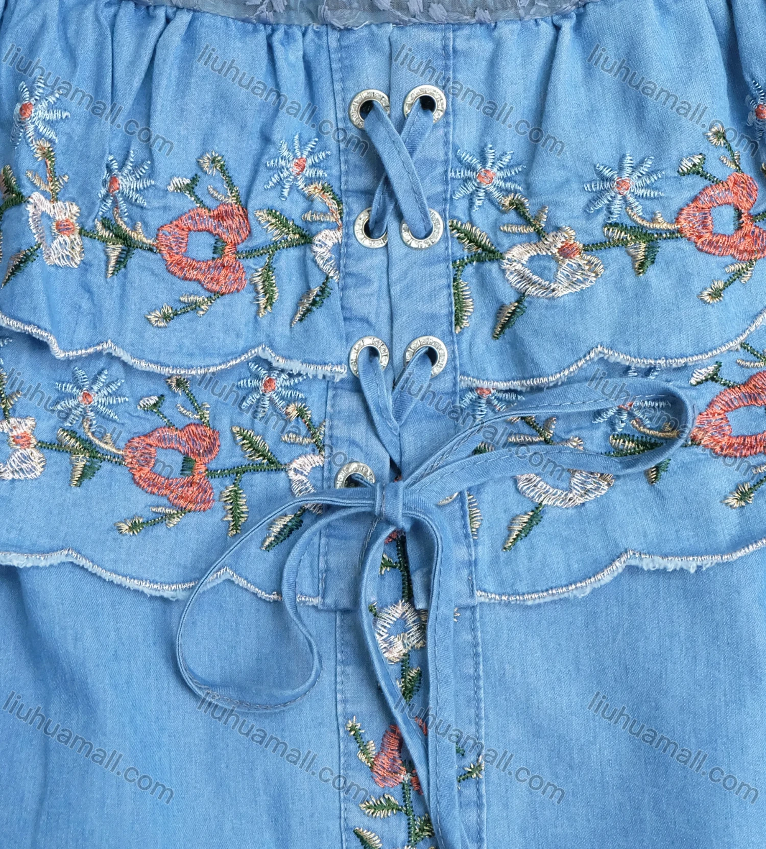 Wholesale Girl's 2 Denim Casual Lace up Round Neck Peasant Sleeve Layered Embroidery Mesh Floral Print Top - Liuhuamall