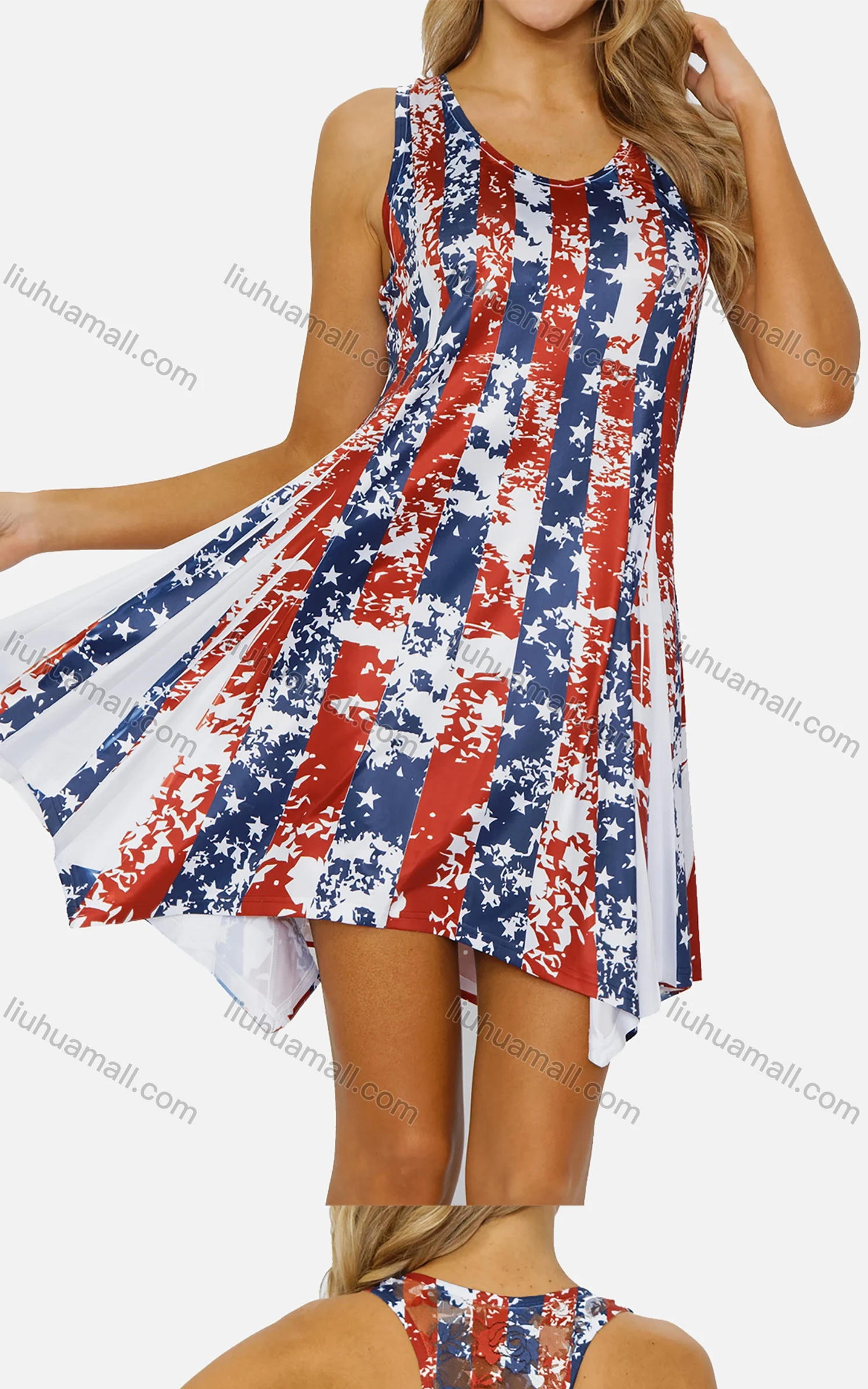 Wholesale Women's Casual Scoop Neck Pleated Flag Print Racerback Tank Dress 9136# - Liuhuamall