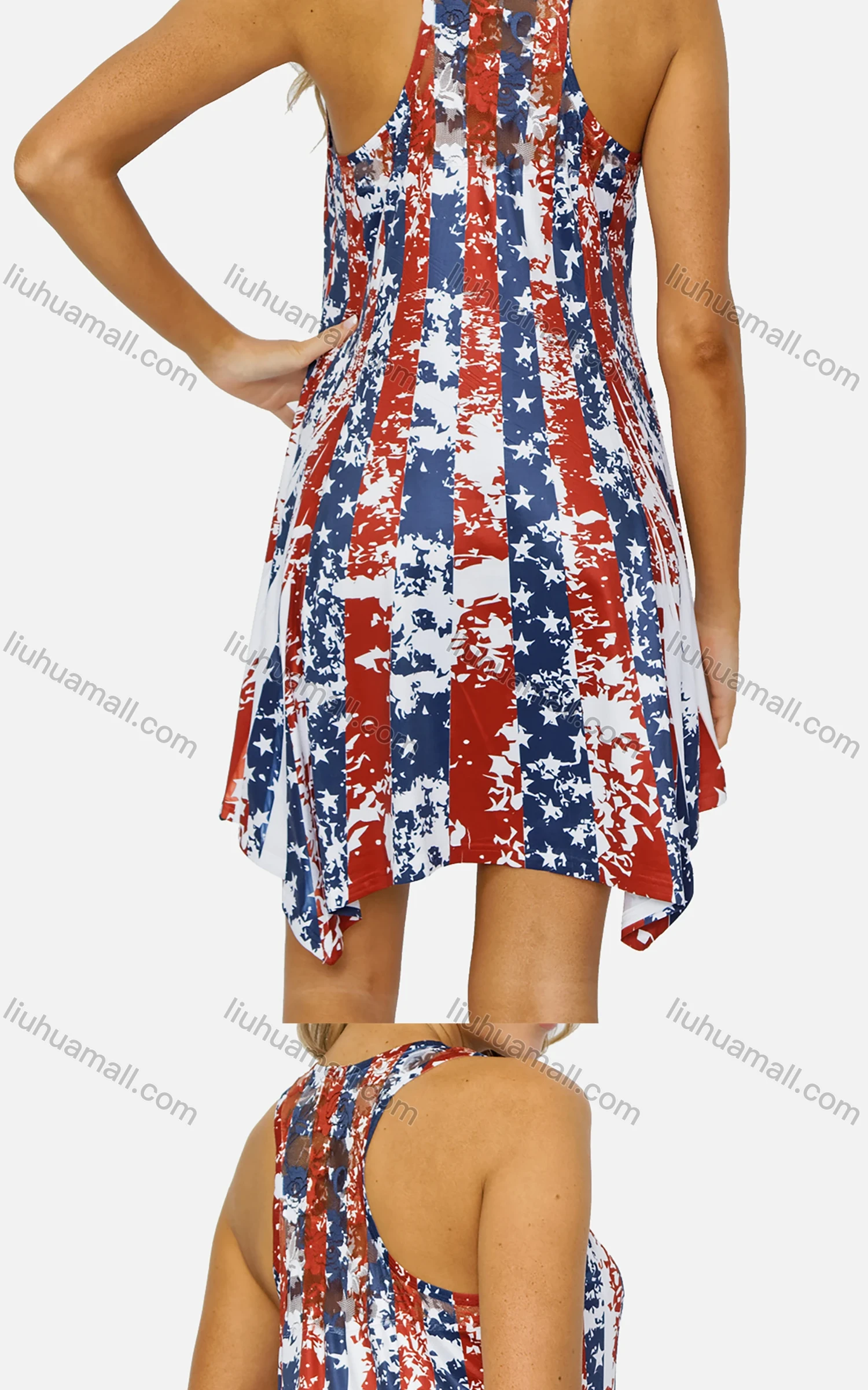 Wholesale Women's Casual Scoop Neck Pleated Flag Print Racerback Tank Dress 9136# - Liuhuamall