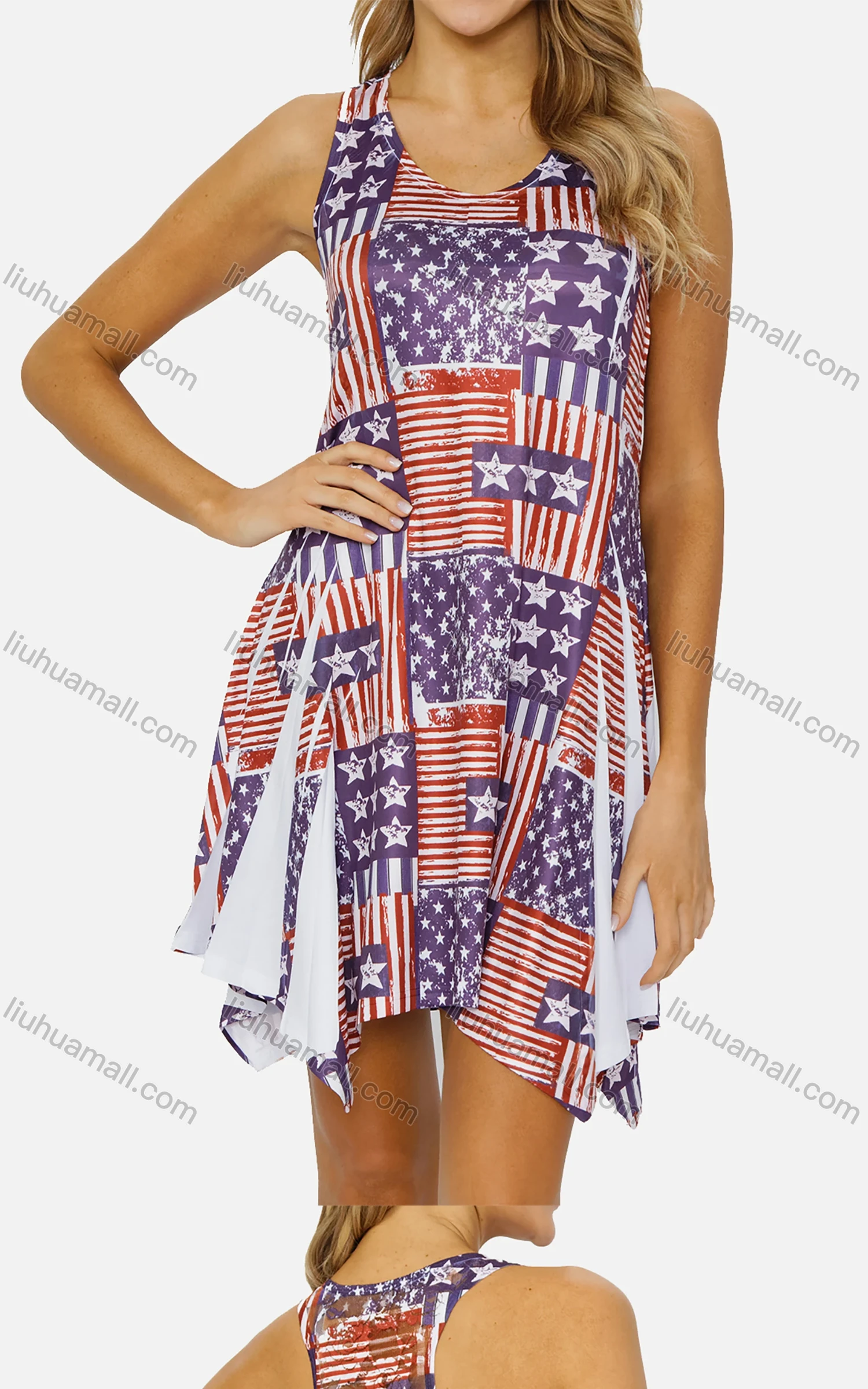 Wholesale Women's Casual Scoop Neck Pleated Flag Print Tank Dress 1941# - Liuhuamall