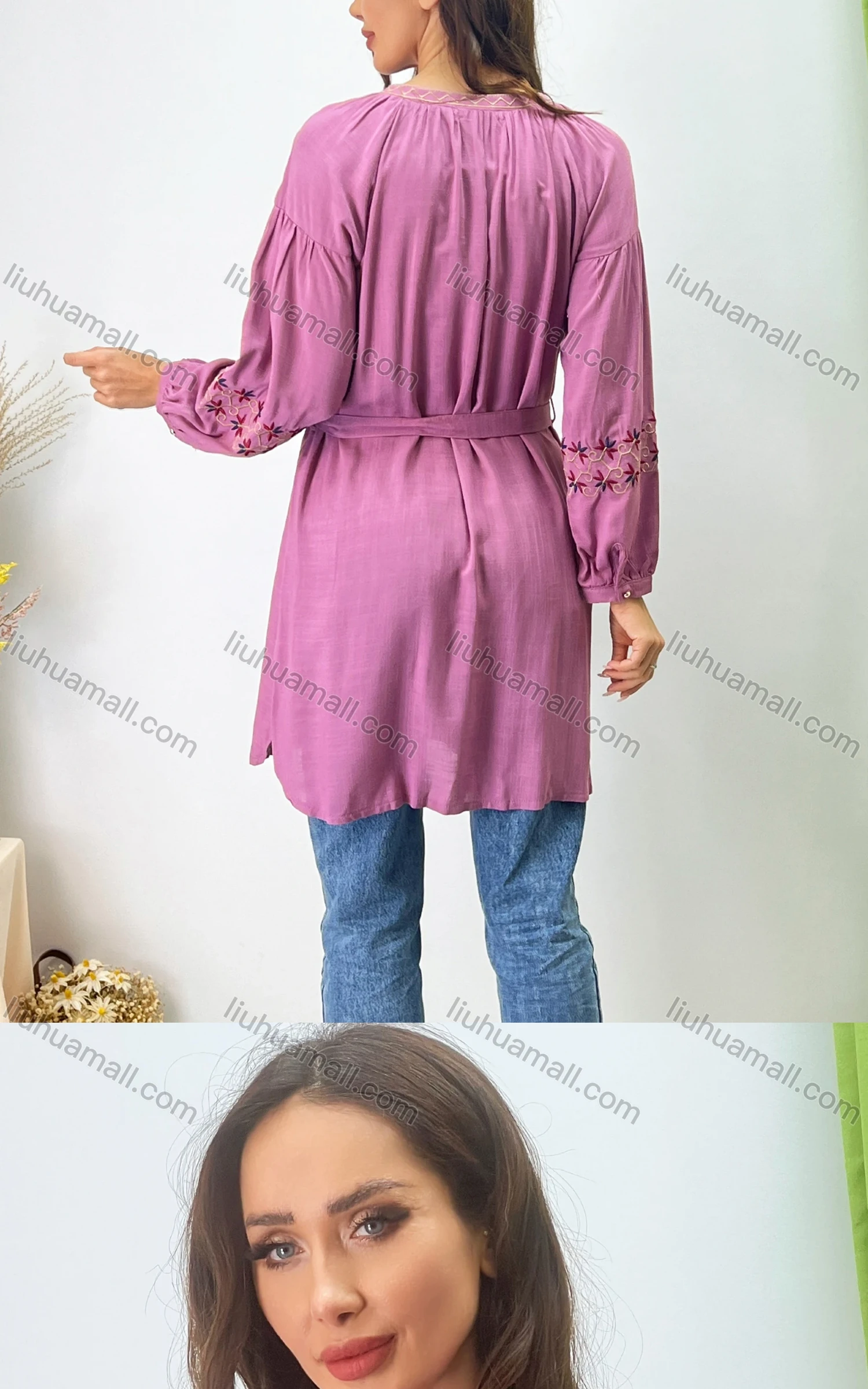 Wholesale Women's Casual Lace Up Keyhole Neck Long Sleeve Embroidered Short Dress 15A# - Liuhuamall