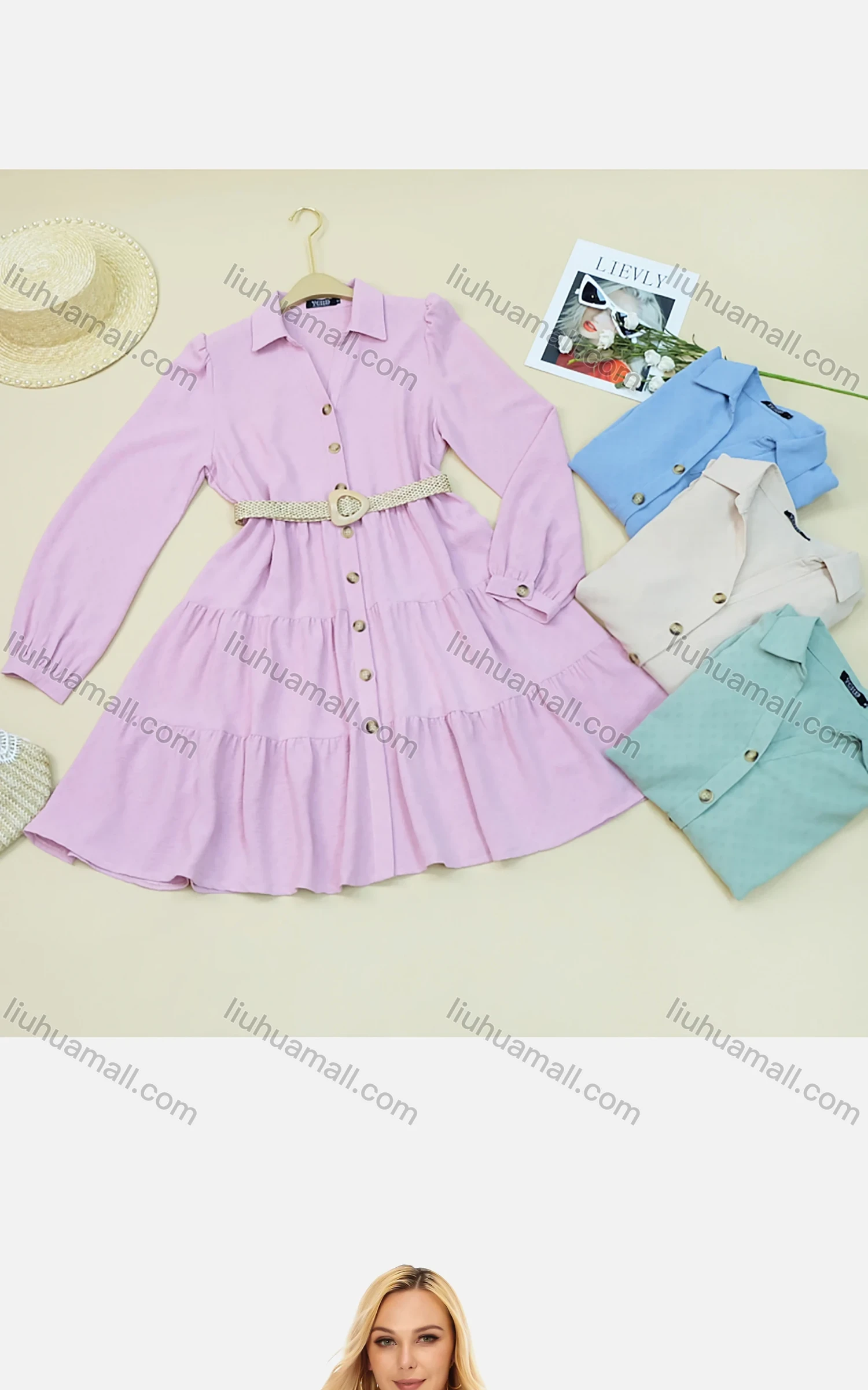 Wholesale Women's Casual Button Front Shirt Collar Blouse Long Sleeve Tiered Plain Tunic 066# - Liuhuamall