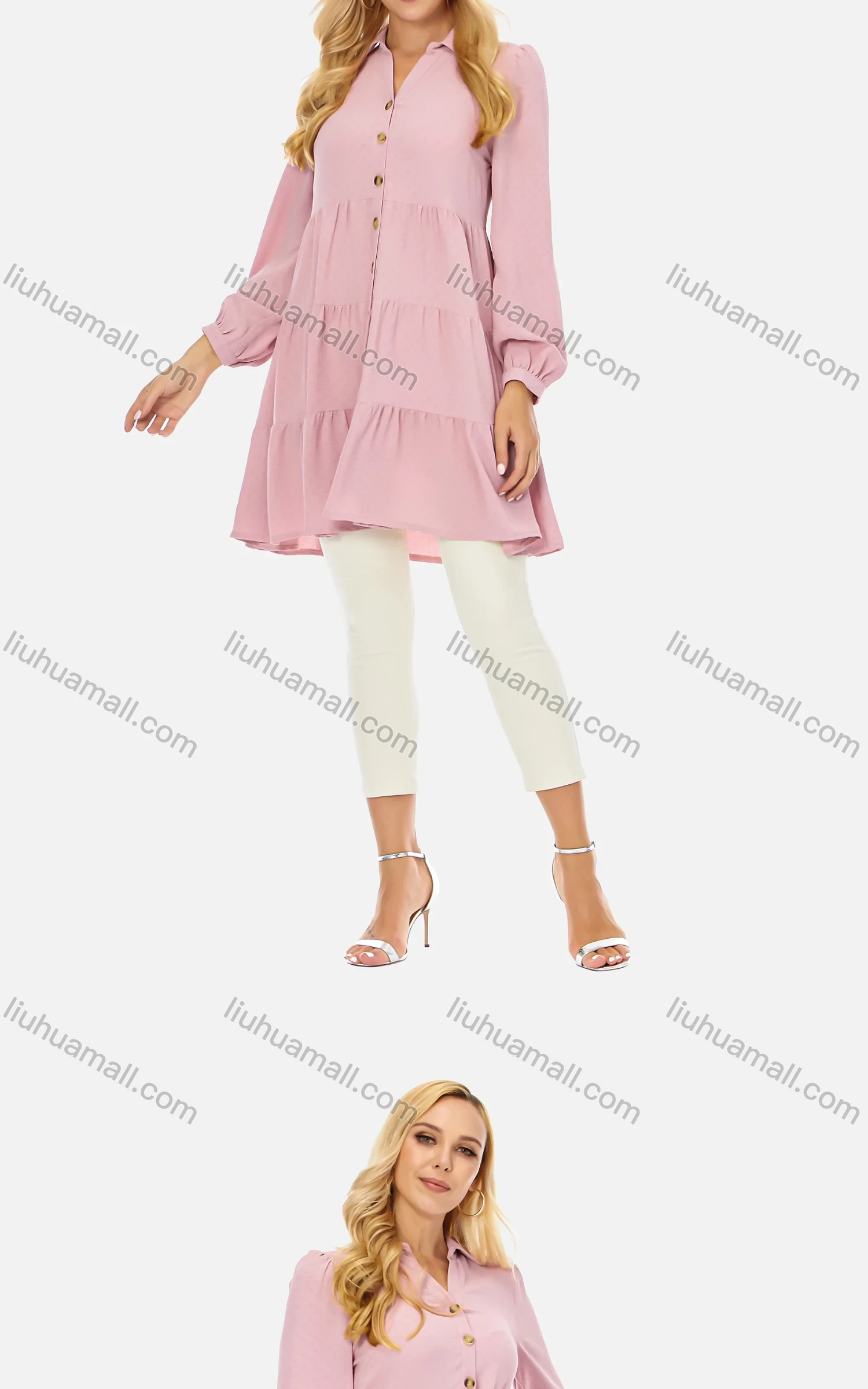 Wholesale Women's Casual Button Front Shirt Collar Blouse Long Sleeve Tiered Plain Tunic 066# - Liuhuamall