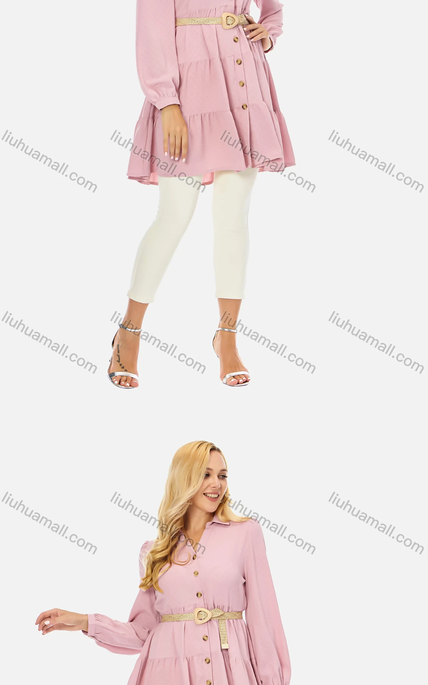 Wholesale Women's Casual Button Front Shirt Collar Blouse Long Sleeve Tiered Plain Tunic 066# - Liuhuamall
