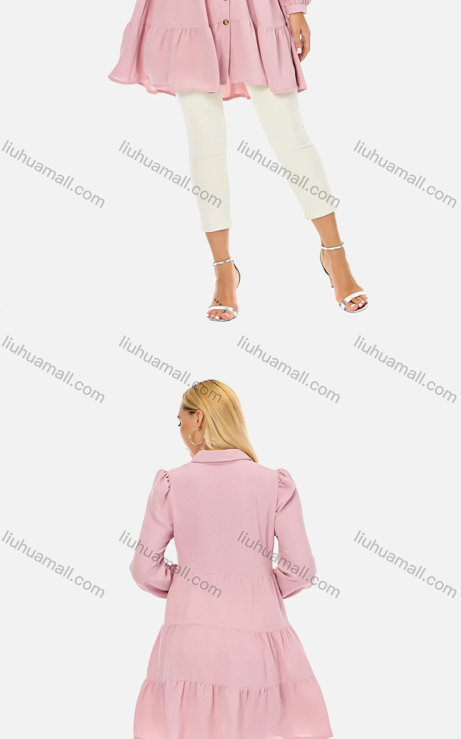 Wholesale Women's Casual Button Front Shirt Collar Blouse Long Sleeve Tiered Plain Tunic 066# - Liuhuamall