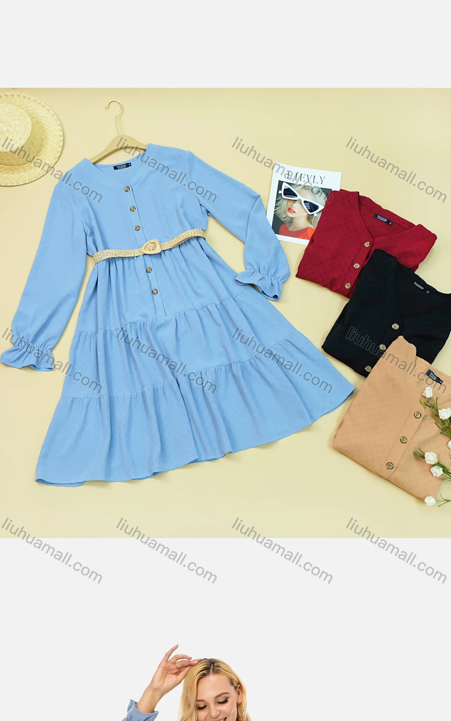 Wholesale Women's Casual Button Front Belted V-Neck Poet Sleeve Tiered Plain Dress 070# - Liuhuamall