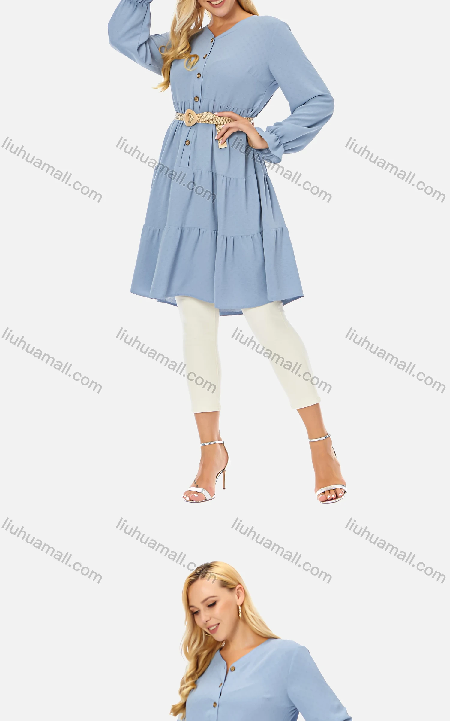 Wholesale Women's Casual Button Front Belted V-Neck Poet Sleeve Tiered Plain Dress 070# - Liuhuamall