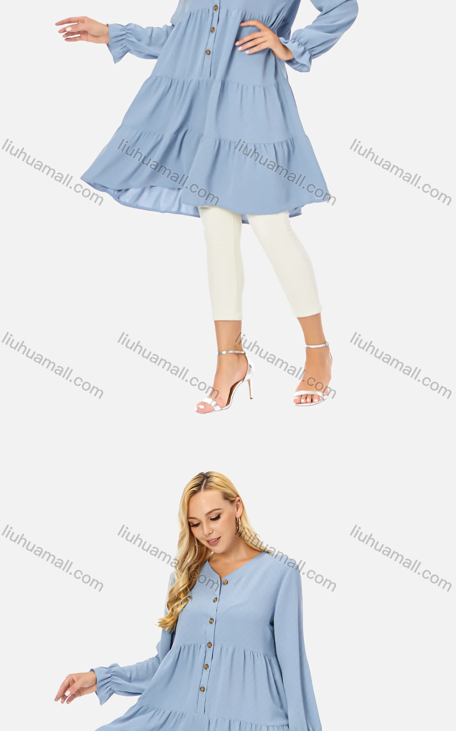 Wholesale Women's Casual Button Front Belted V-Neck Poet Sleeve Tiered Plain Dress 070# - Liuhuamall