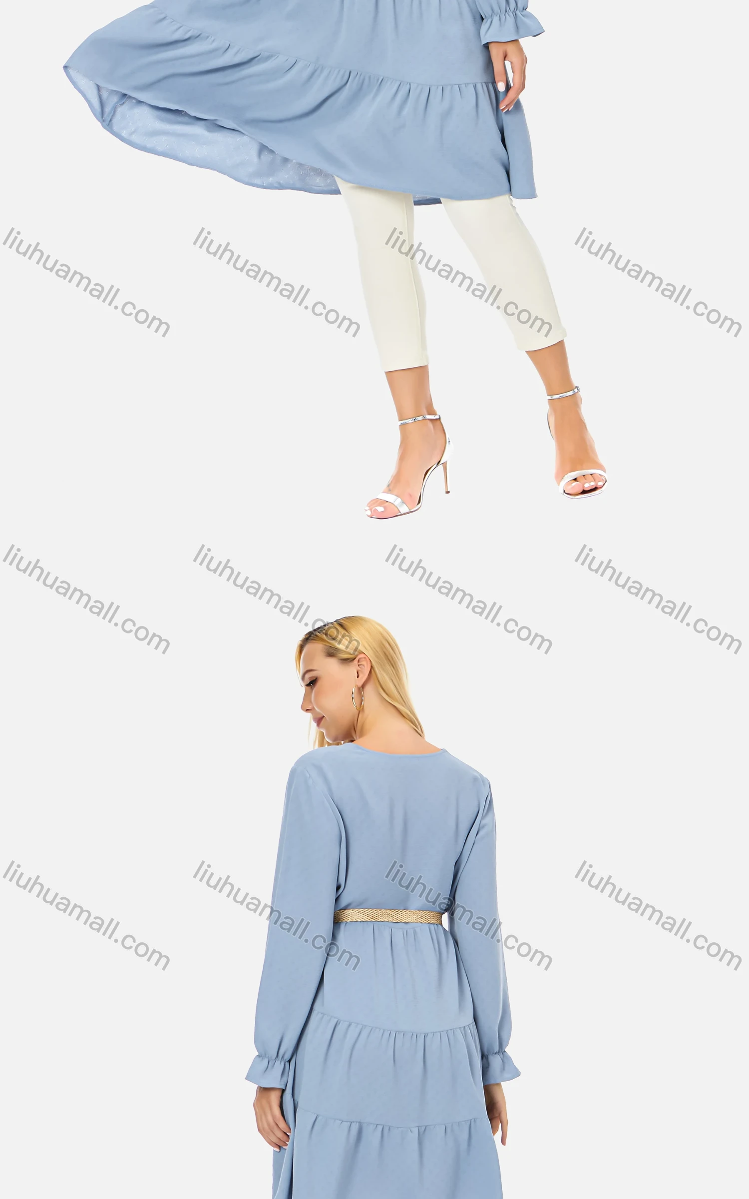 Wholesale Women's Casual Button Front Belted V-Neck Poet Sleeve Tiered Plain Dress 070# - Liuhuamall