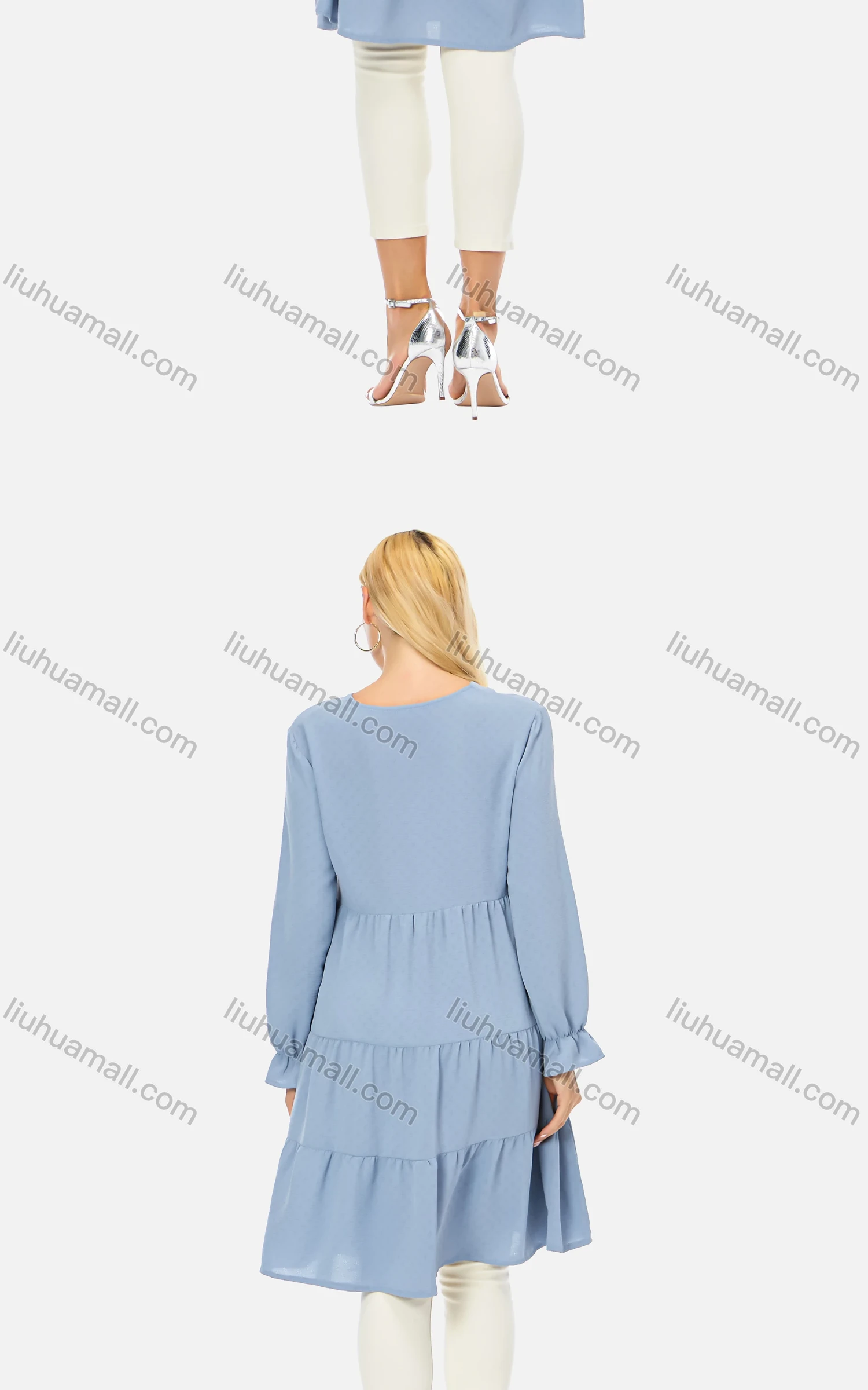 Wholesale Women's Casual Button Front Belted V-Neck Poet Sleeve Tiered Plain Dress 070# - Liuhuamall