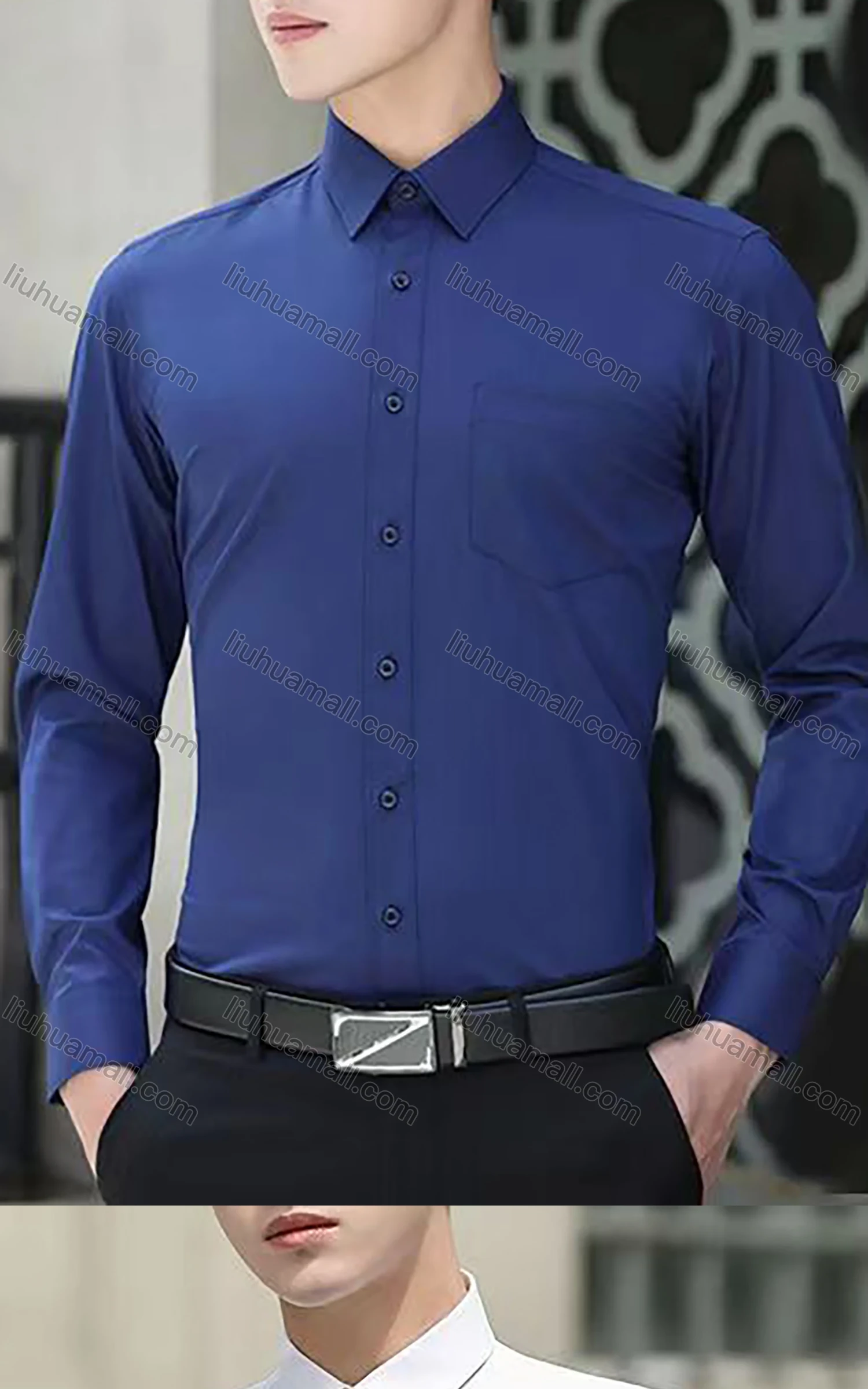 Wholesale Men's Business Long Sleeve Button Closure Patch Pocket Plain Formal Shirt - Liuhuamall