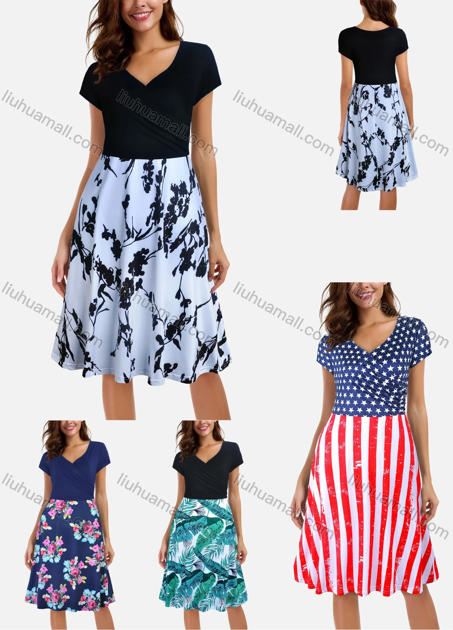 Wholesale Women's Casual V Neck Short Sleeve Stitching A-Line Dress - Liuhuamall