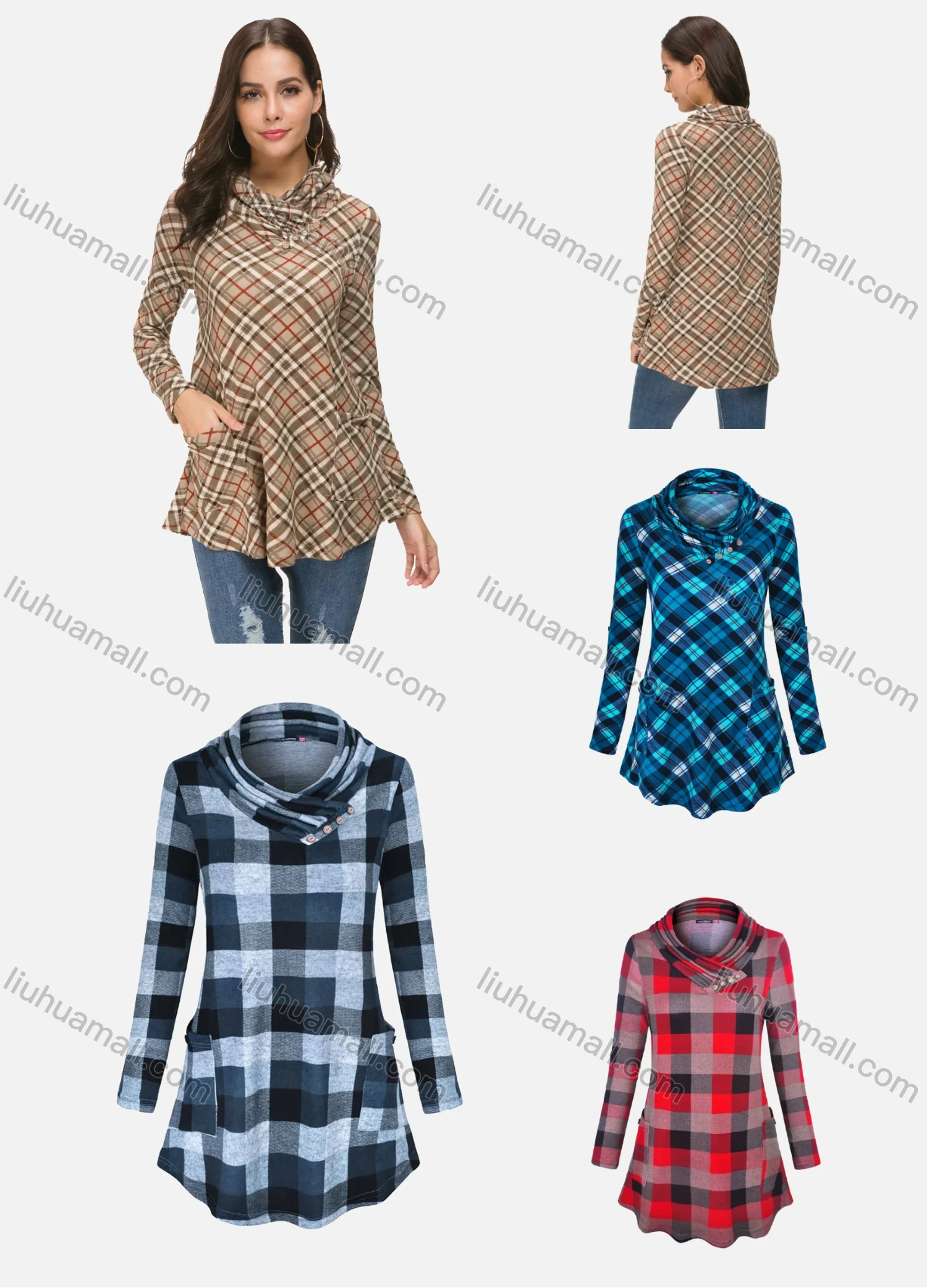 Wholesale Women's Casual Cowl Neck Long Sleeve Dual Pocket Plaid Print Tunic - Liuhuamall