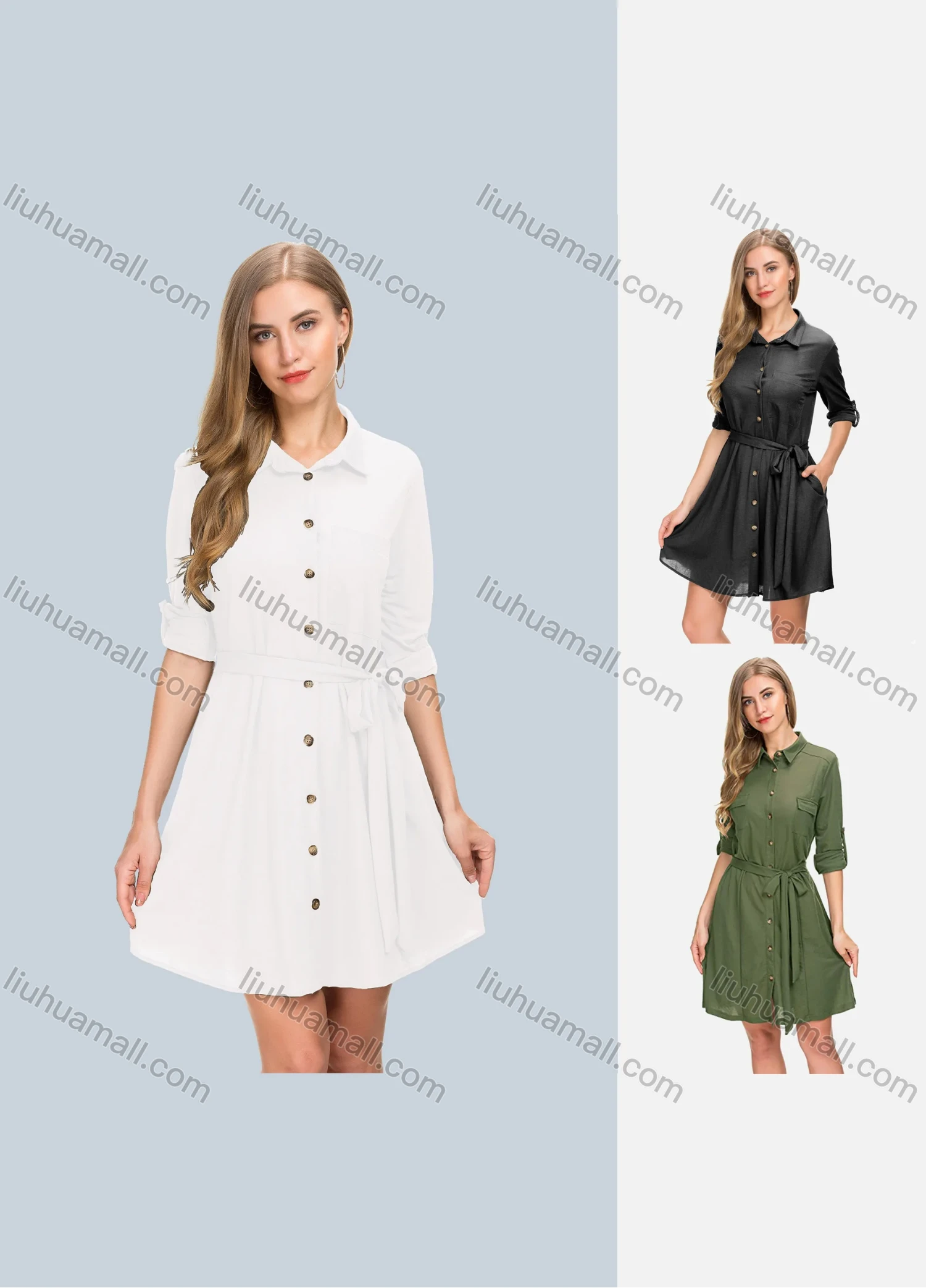 Wholesale Women's Casual Button Front Patch Pocket Shirt Dress With Belt - Liuhuamall